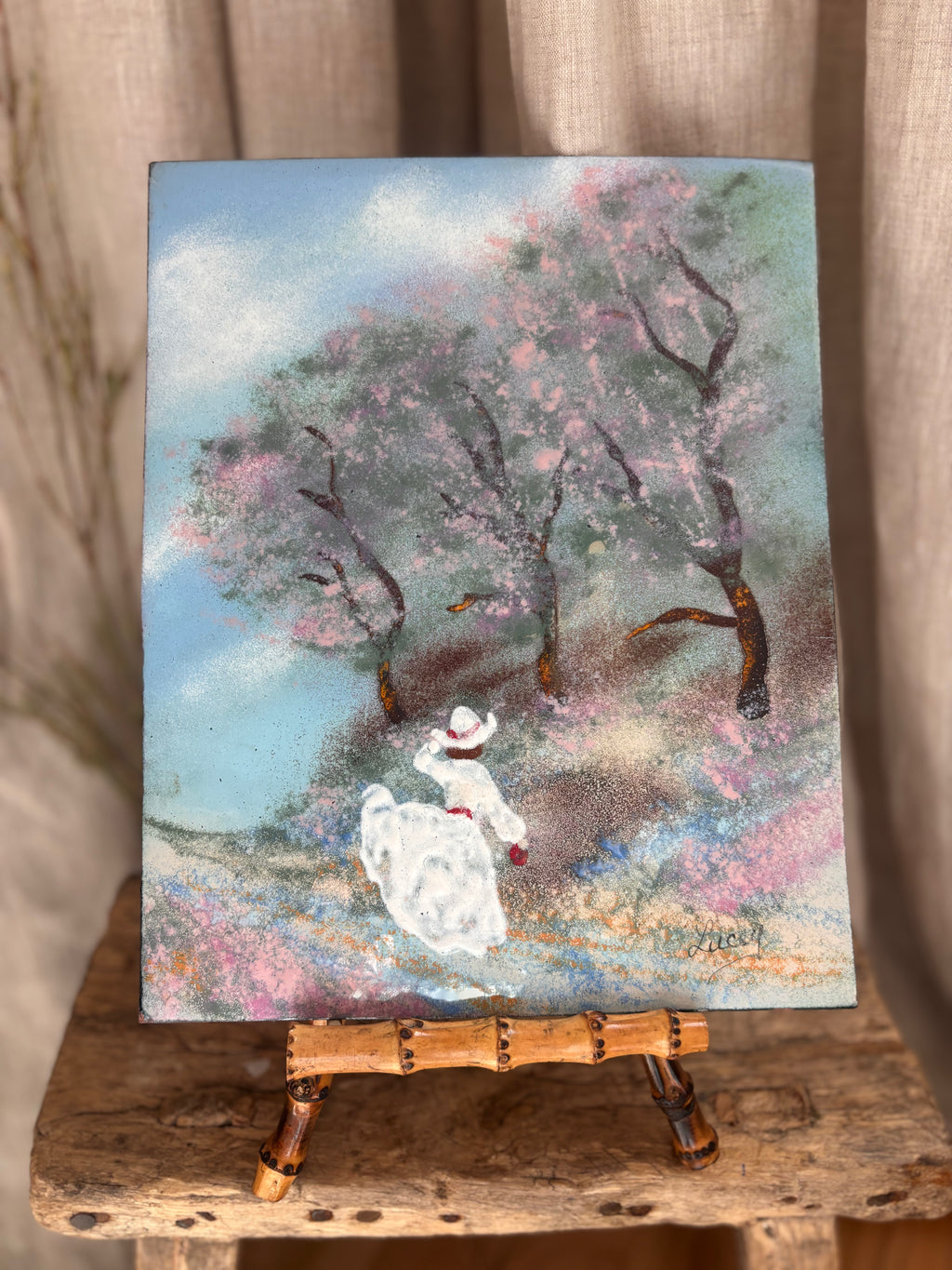 Vintage Woman Amid Cherry Blossom Trees Oil Painting on Tin