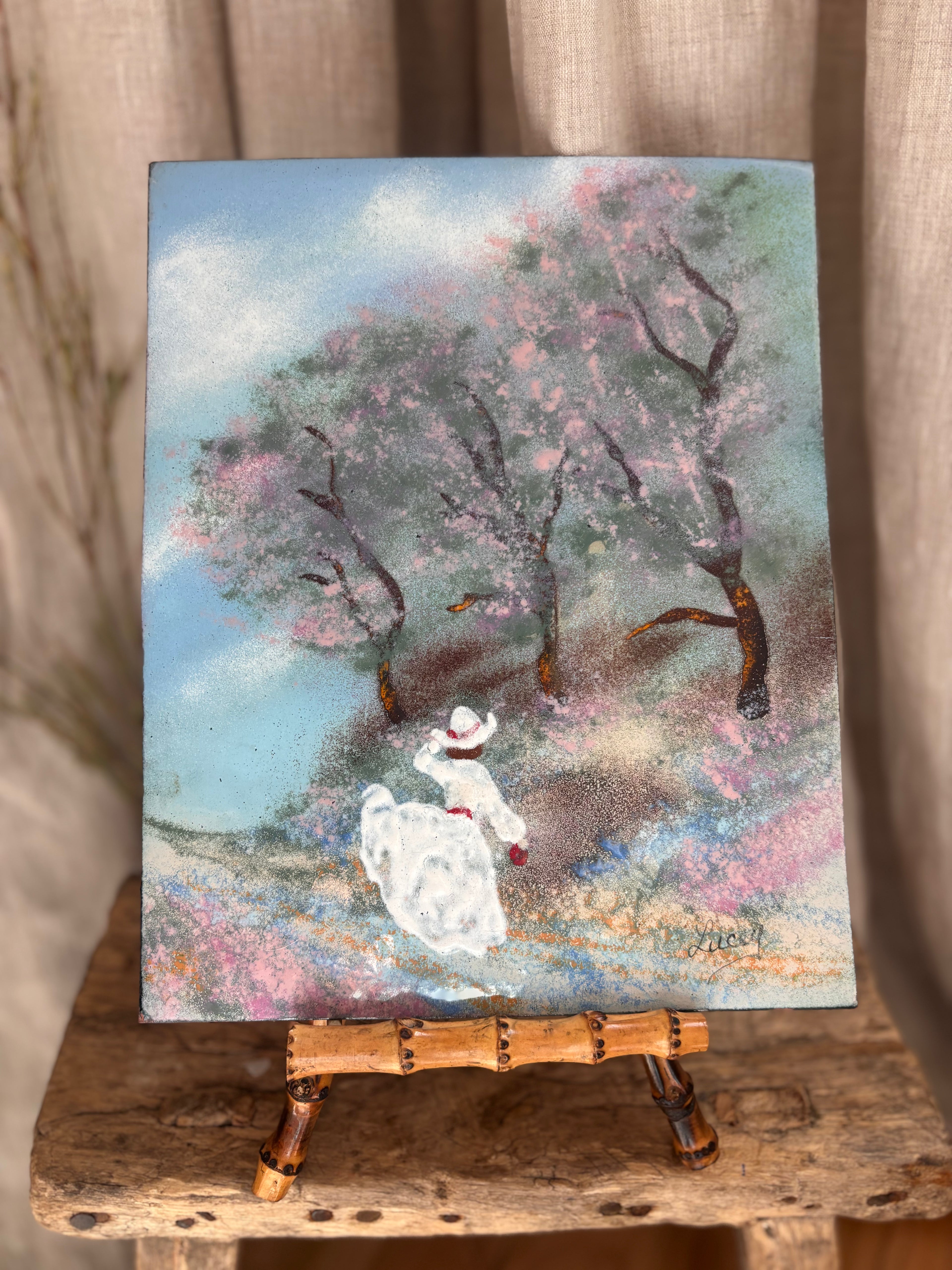 Vintage Woman Amid Cherry Blossom Trees Oil Painting on Tin