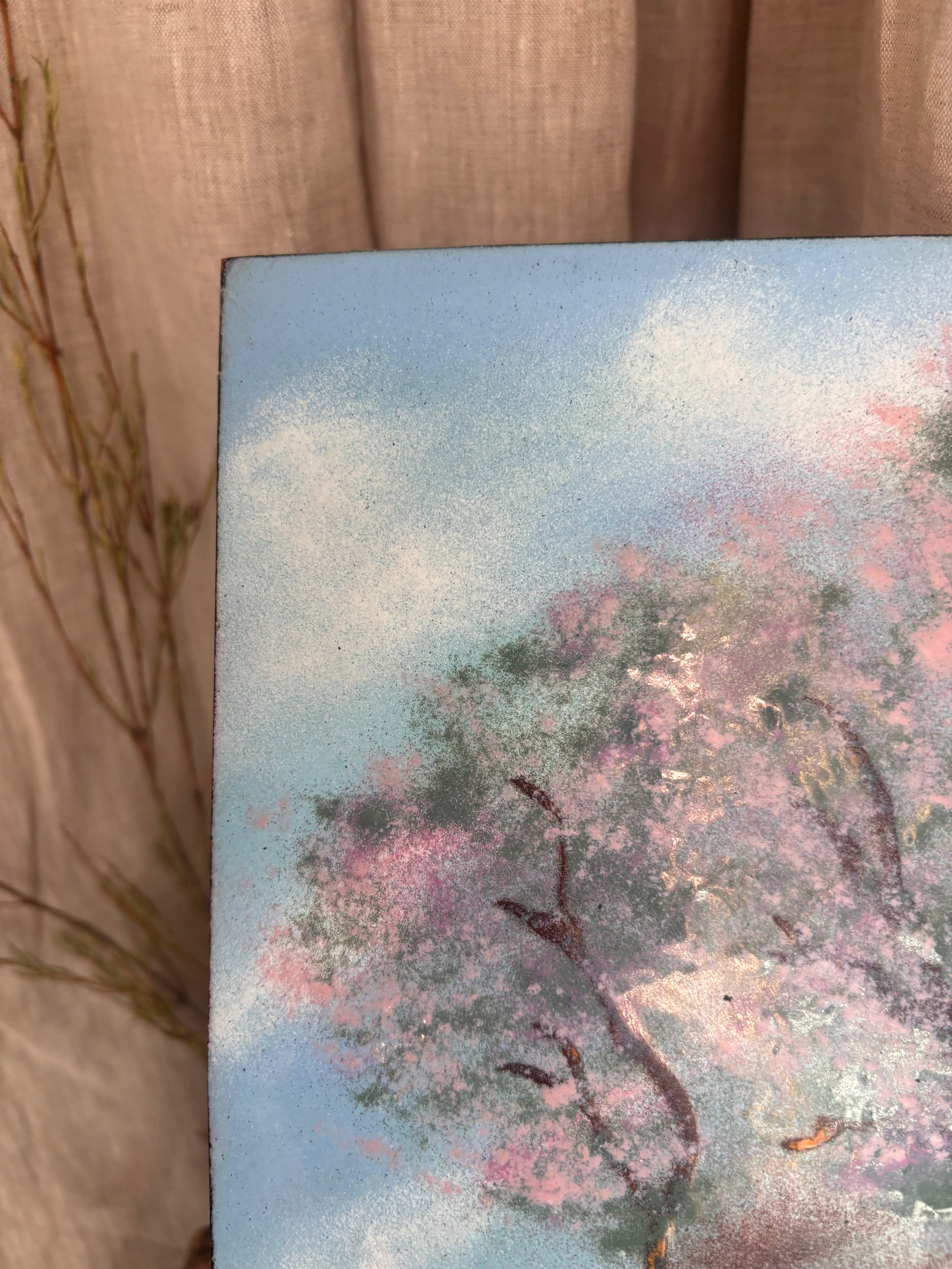 Vintage Woman Amid Cherry Blossom Trees Oil Painting on Tin