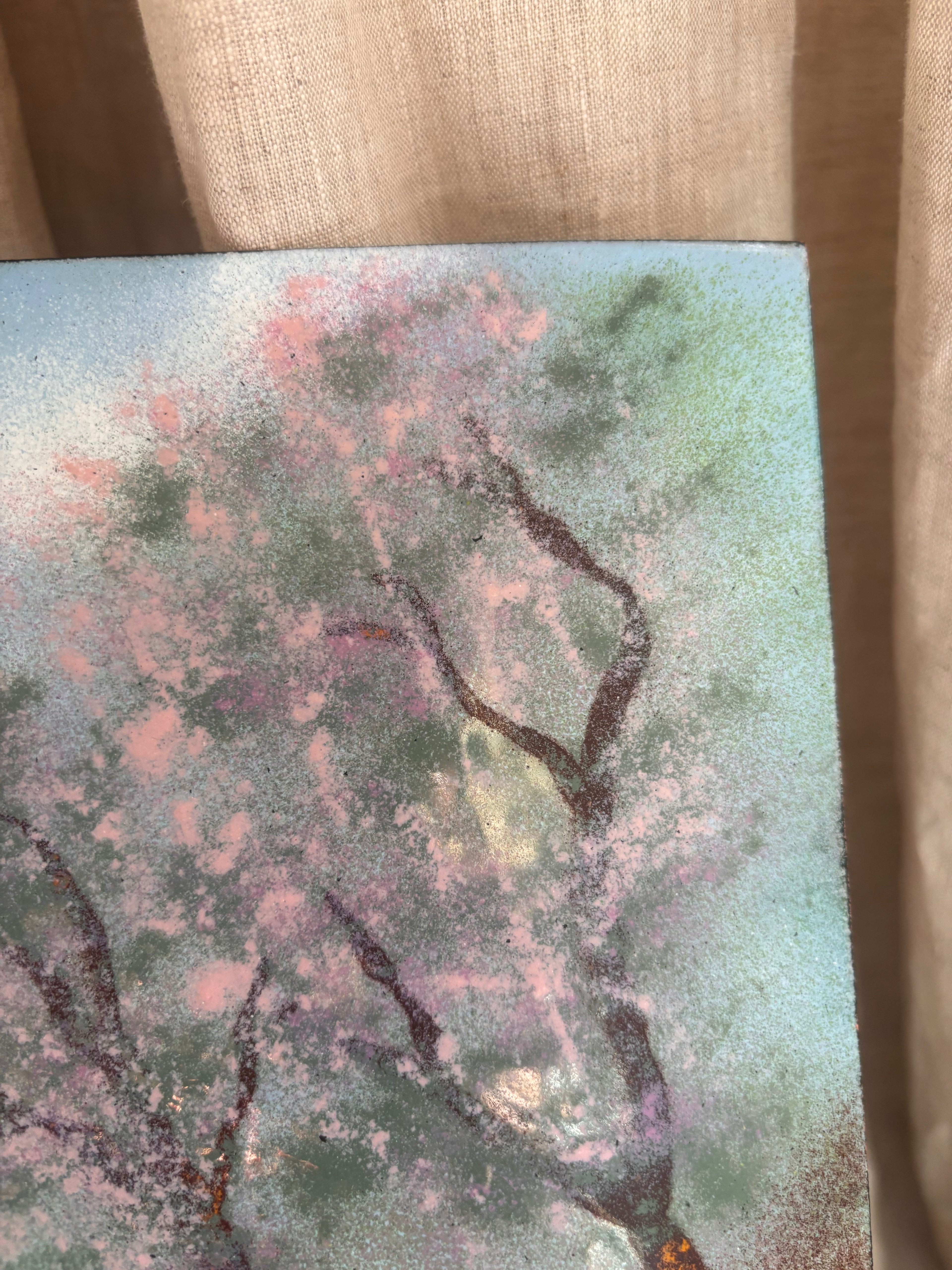Vintage Woman Amid Cherry Blossom Trees Oil Painting on Tin