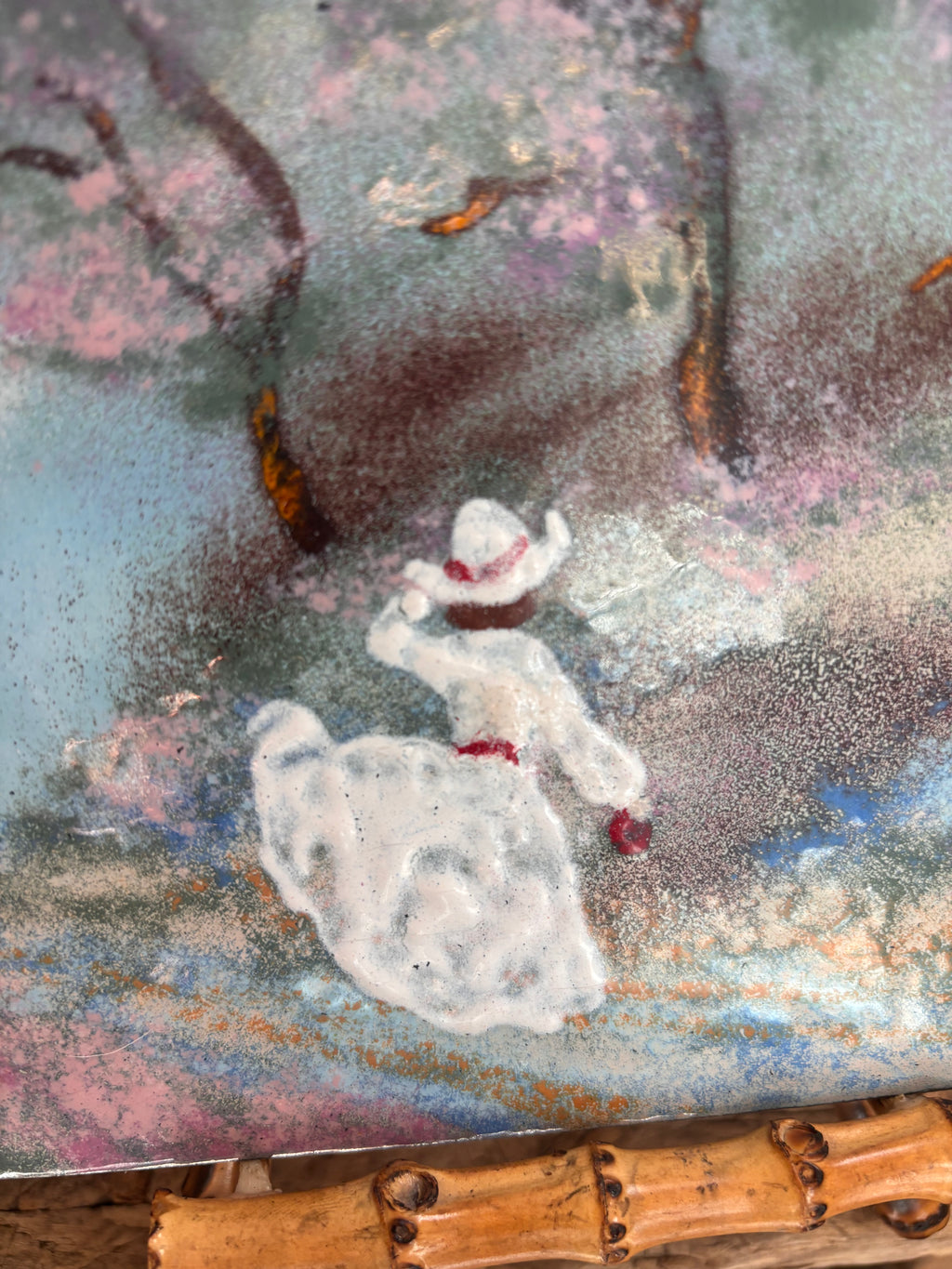 Vintage Woman Amid Cherry Blossom Trees Oil Painting on Tin