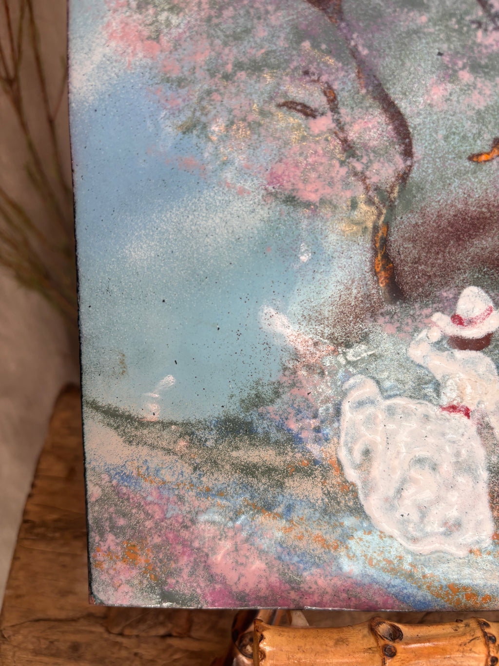 Vintage Woman Amid Cherry Blossom Trees Oil Painting on Tin