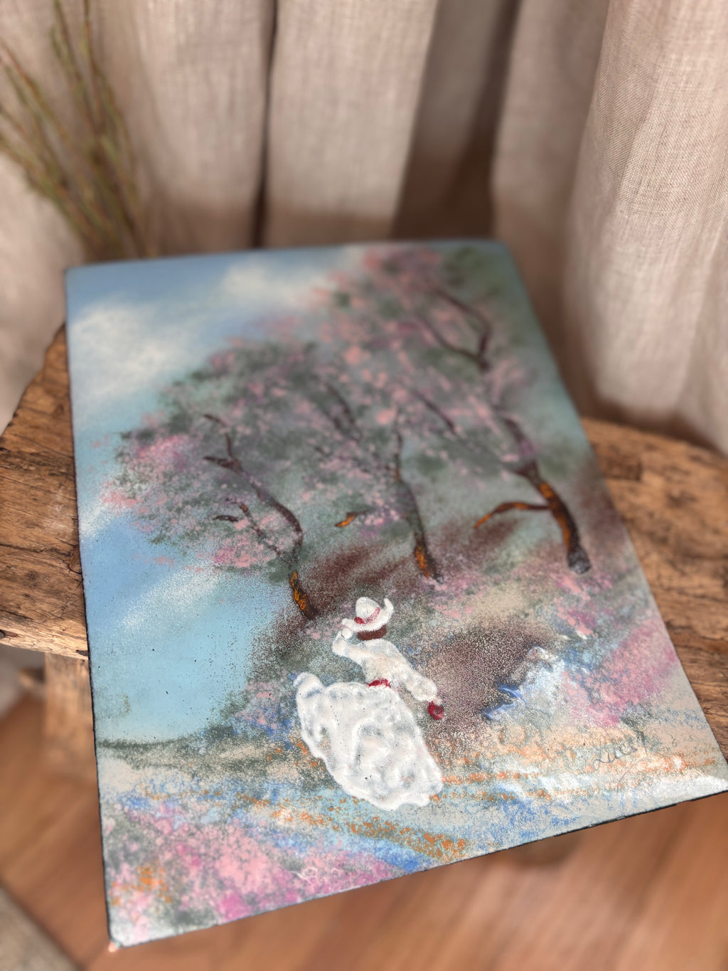 Vintage Woman Amid Cherry Blossom Trees Oil Painting on Tin