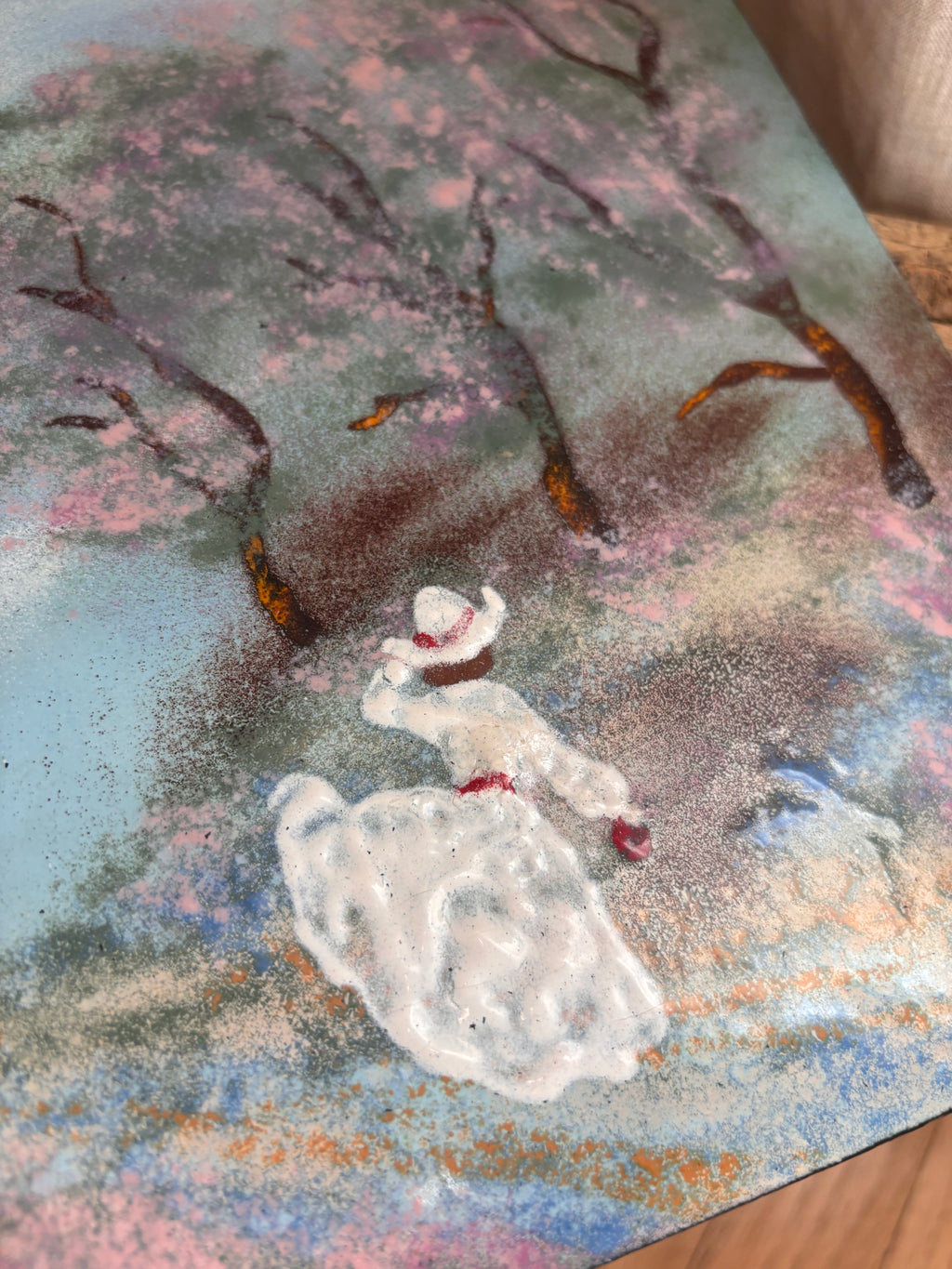 Vintage Woman Amid Cherry Blossom Trees Oil Painting on Tin