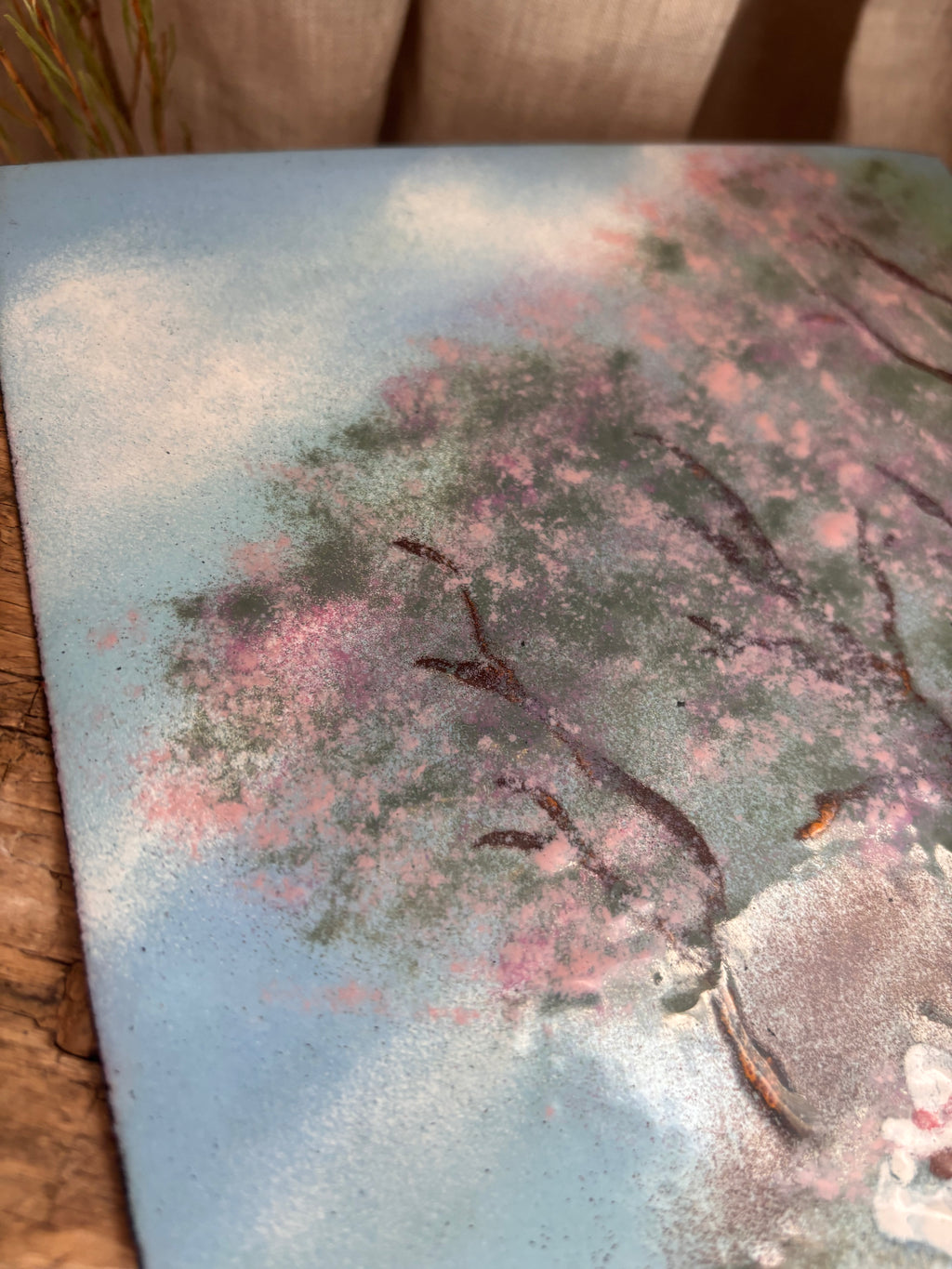 Vintage Woman Amid Cherry Blossom Trees Oil Painting on Tin