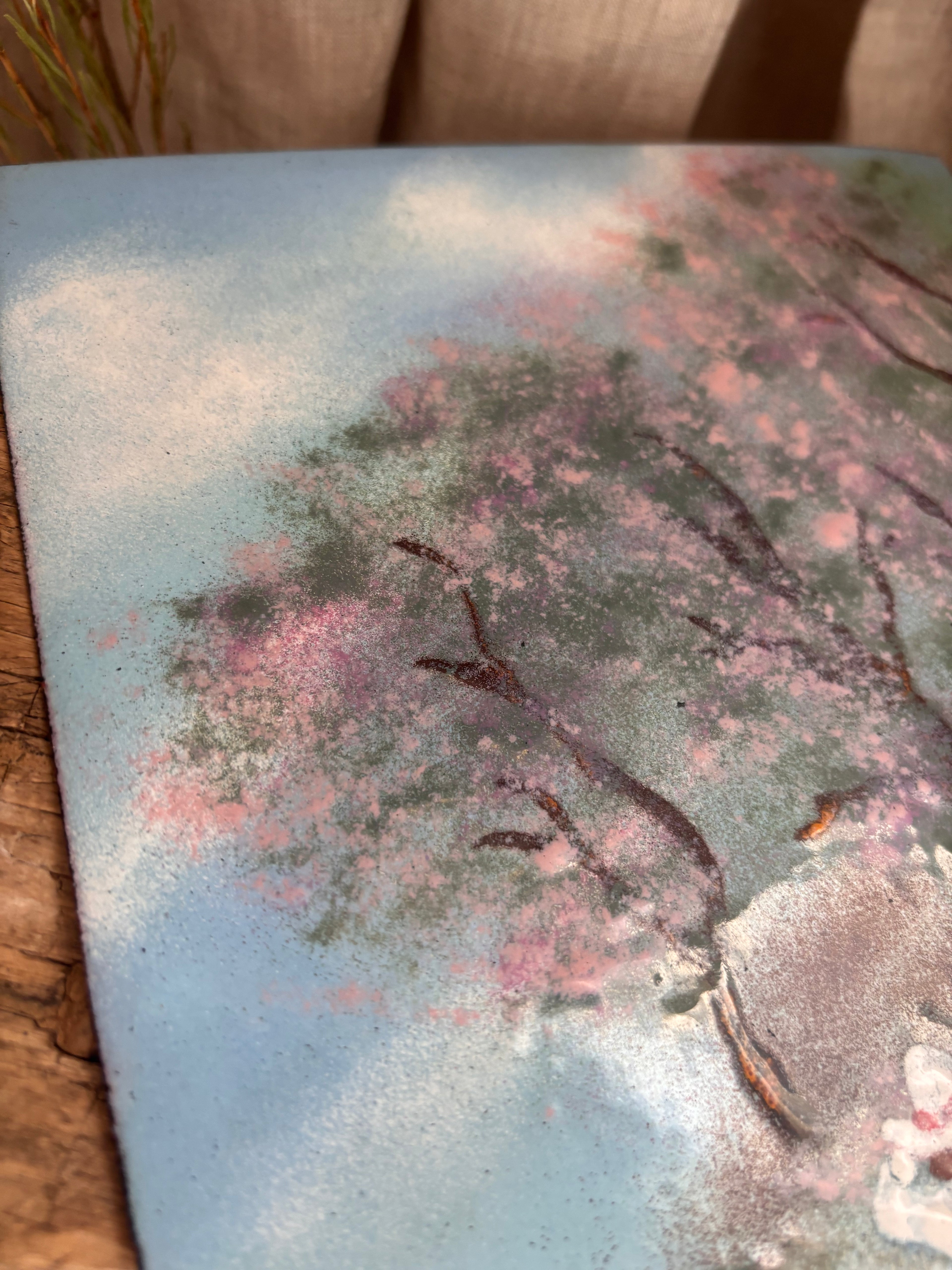 Vintage Woman Amid Cherry Blossom Trees Oil Painting on Tin