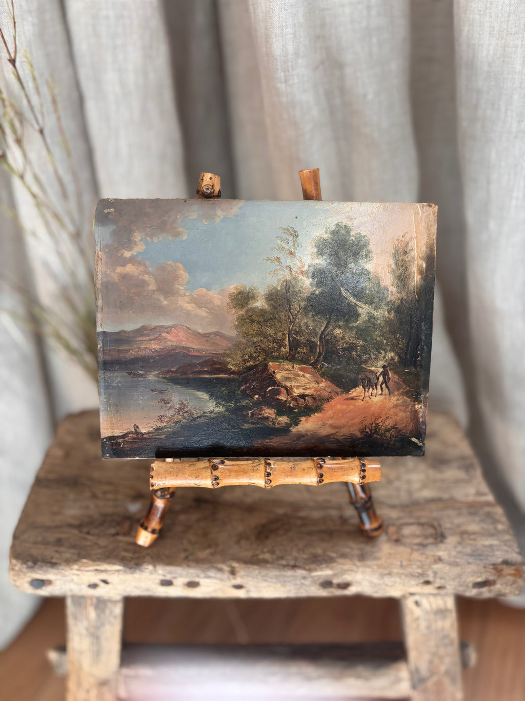 Antique Continental Landscape Oil Painting on Tin