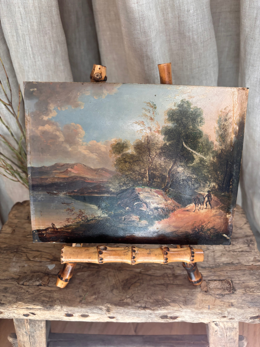 Antique Continental Landscape Oil Painting on Tin