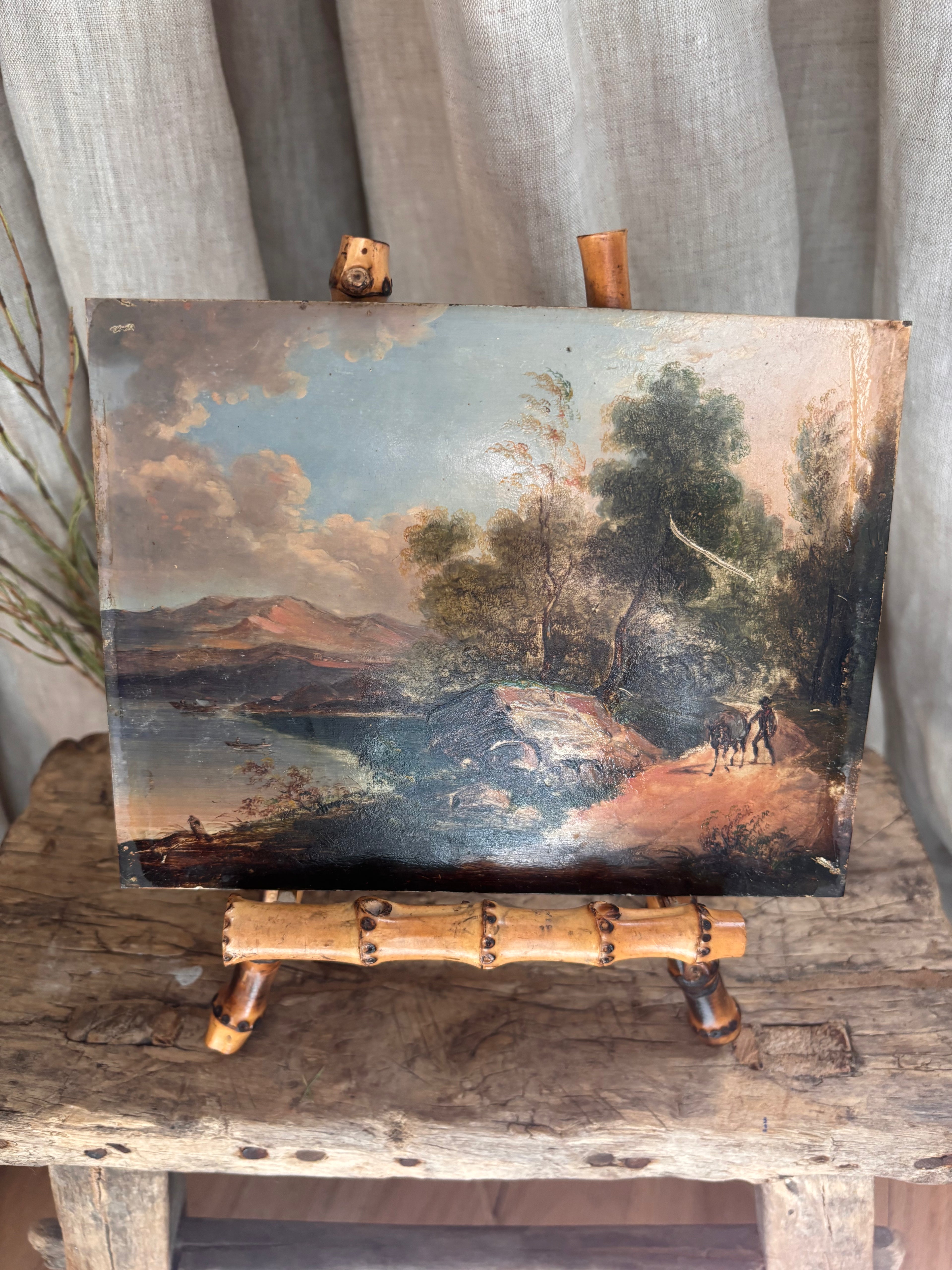 Antique Continental Landscape Oil Painting on Tin