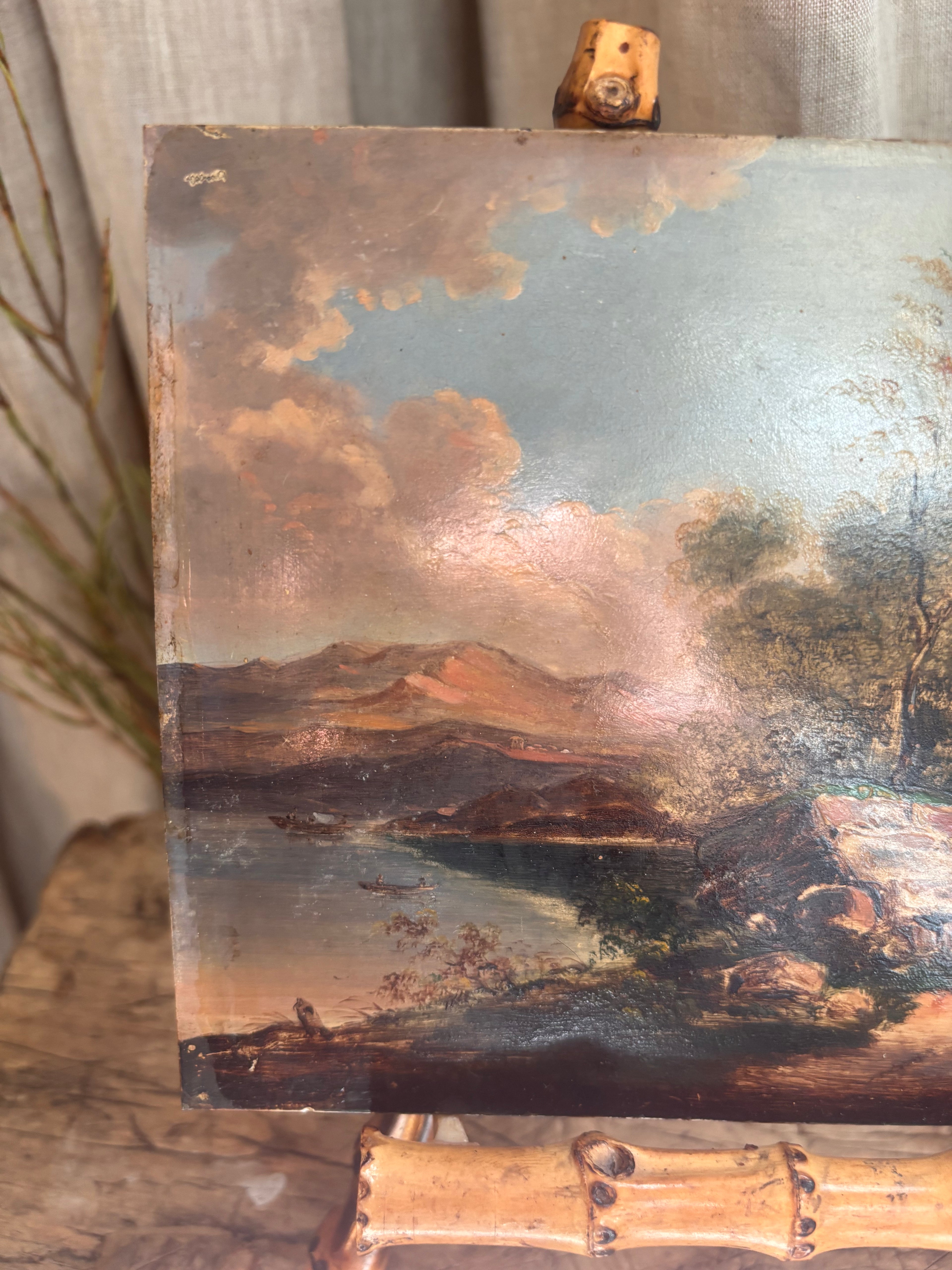 Antique Continental Landscape Oil Painting on Tin