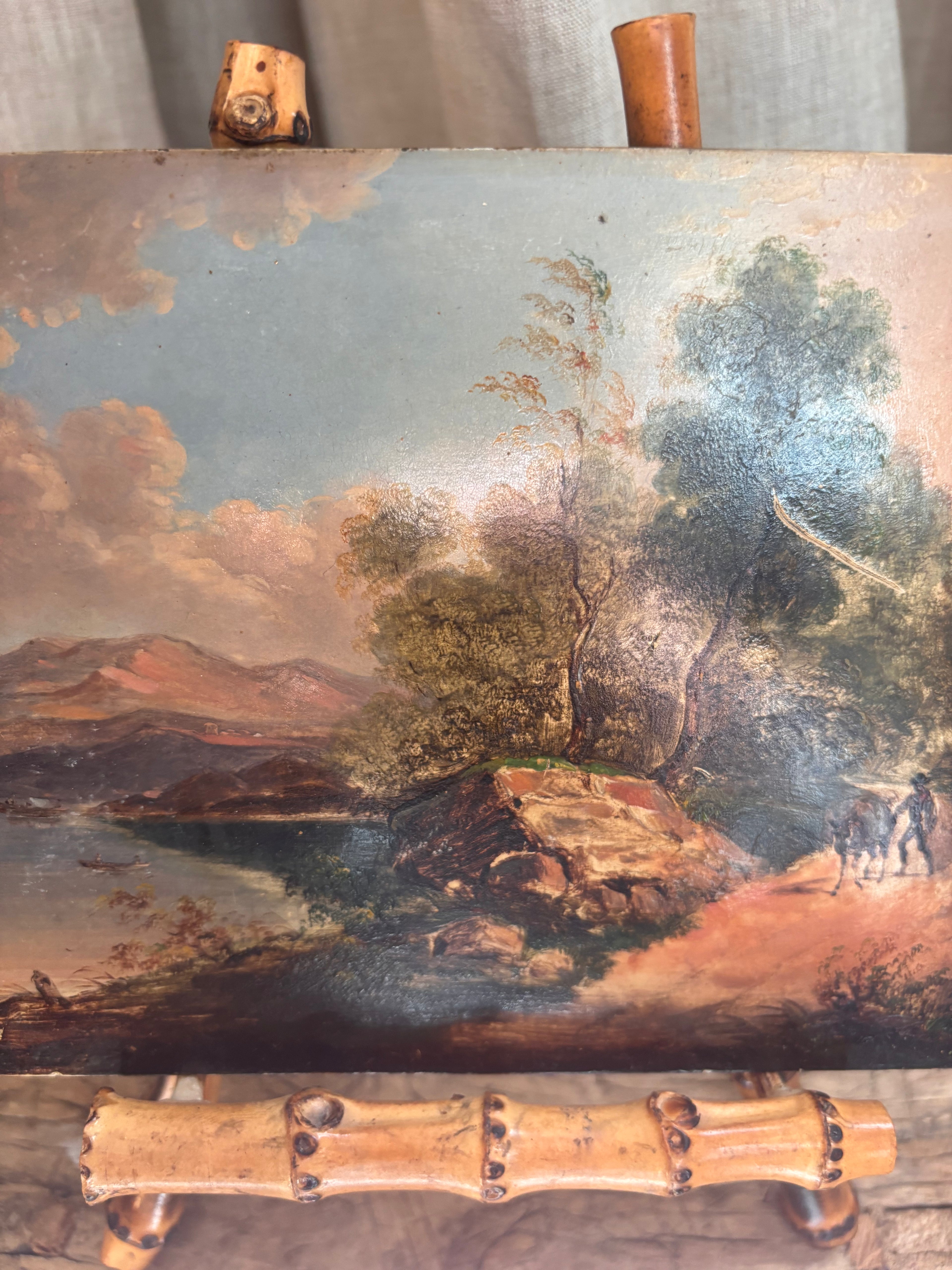 Antique Continental Landscape Oil Painting on Tin