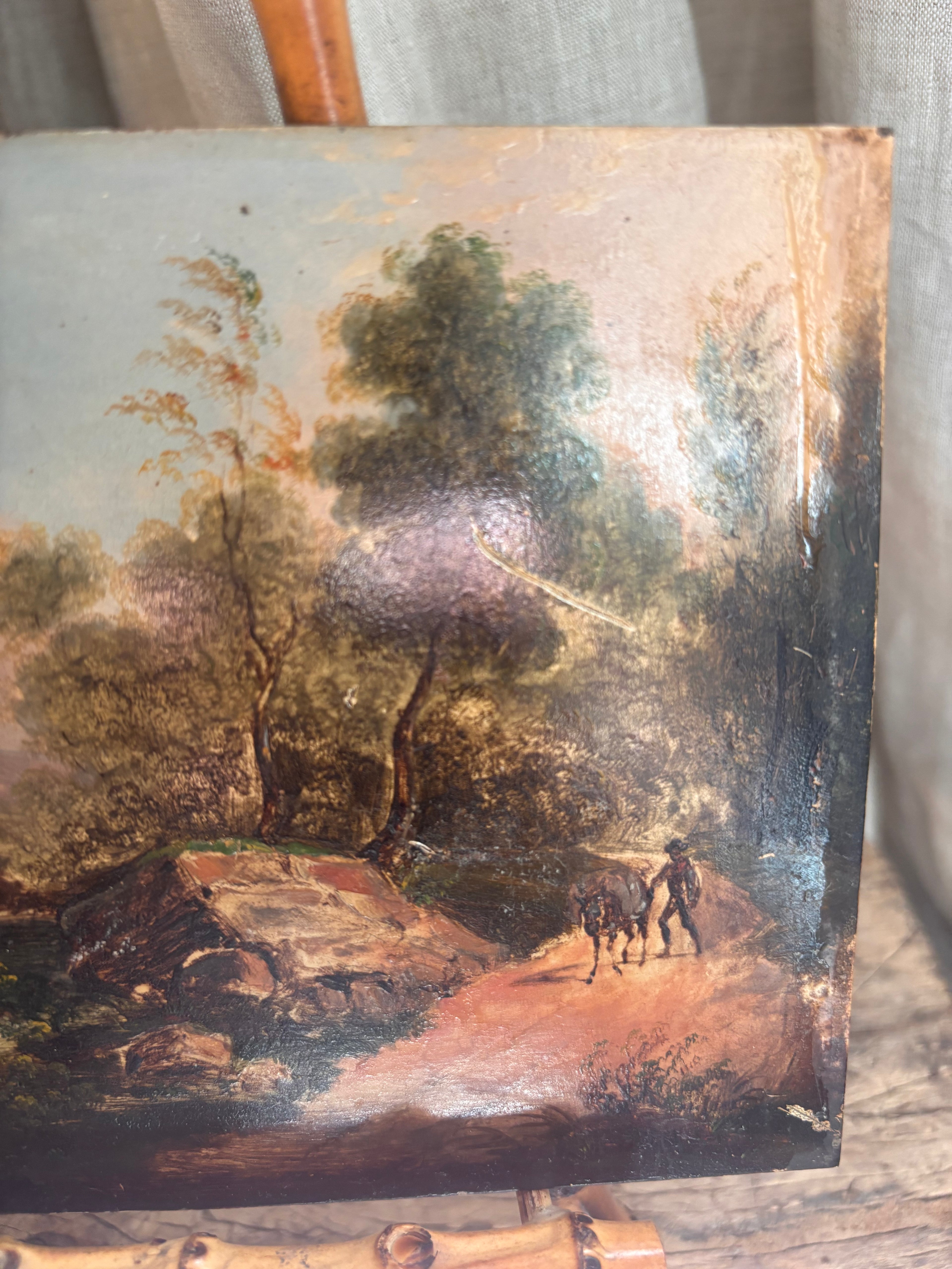 Antique Continental Landscape Oil Painting on Tin