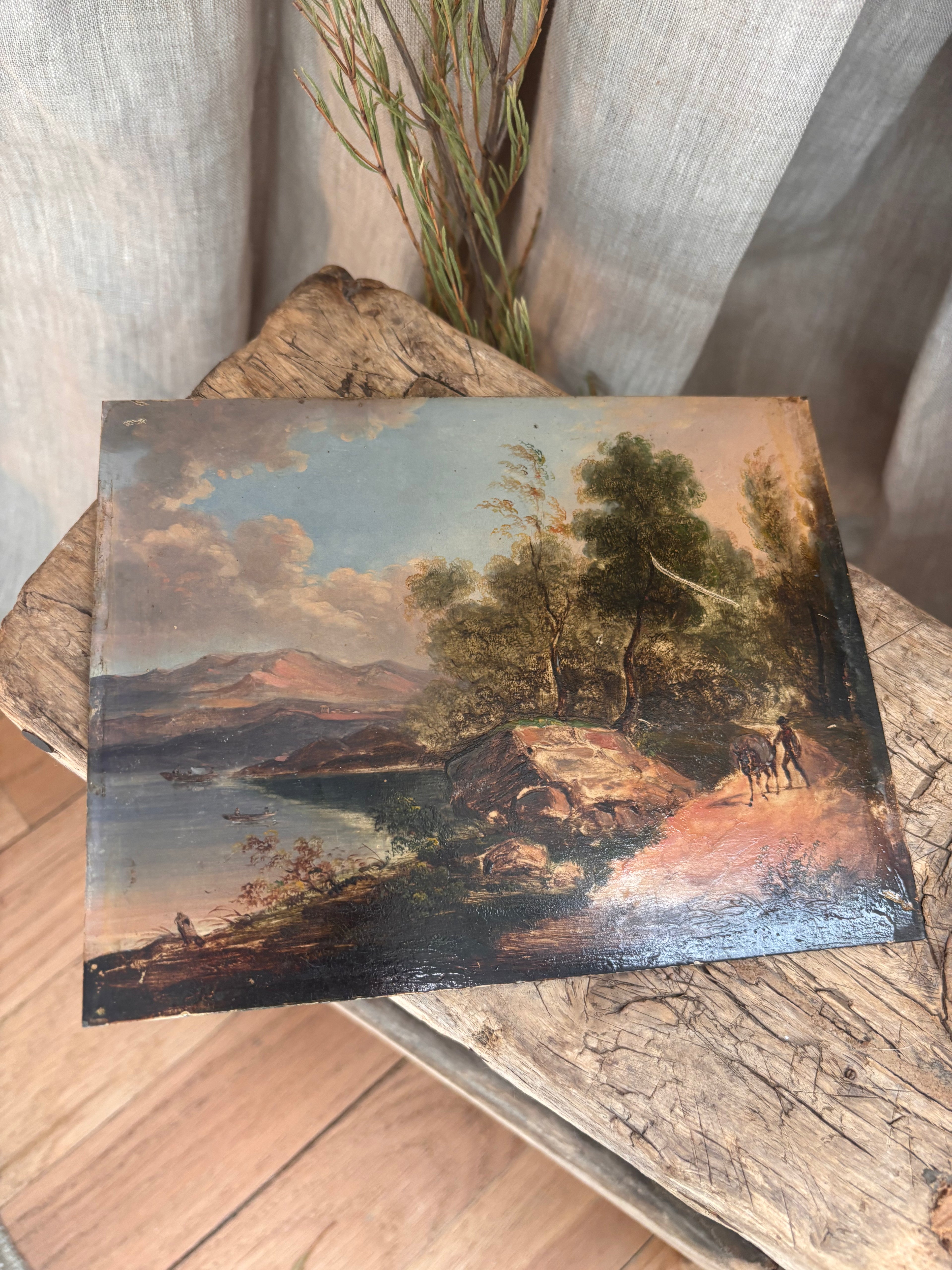 Antique Continental Landscape Oil Painting on Tin