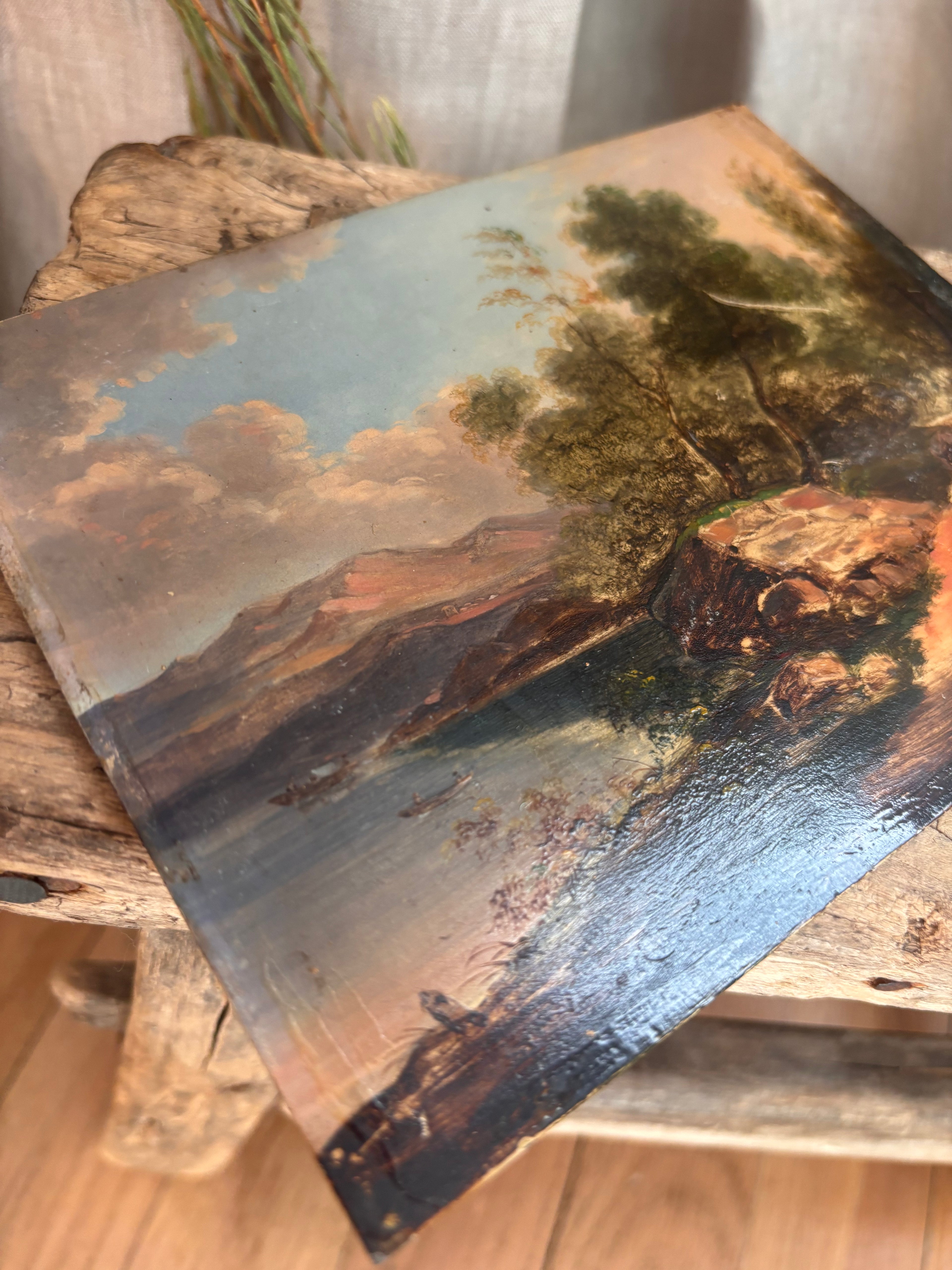 Antique Continental Landscape Oil Painting on Tin