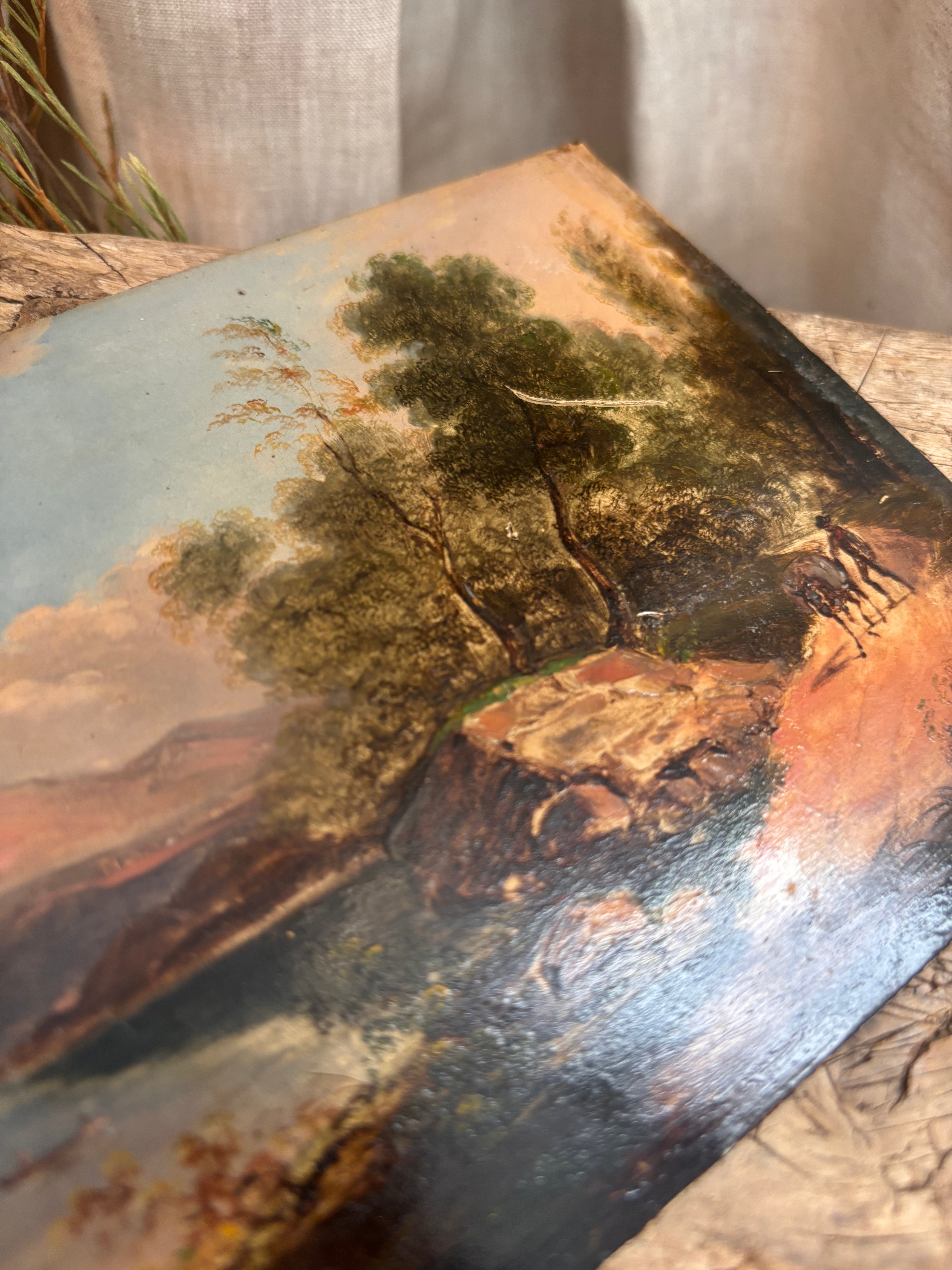 Antique Continental Landscape Oil Painting on Tin