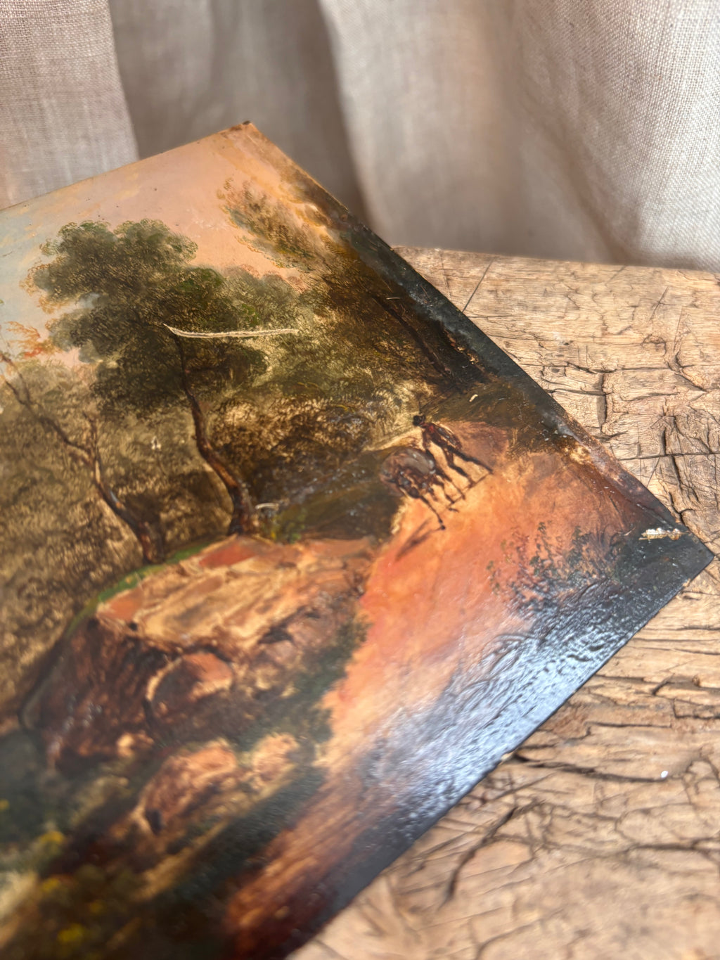 Antique Continental Landscape Oil Painting on Tin