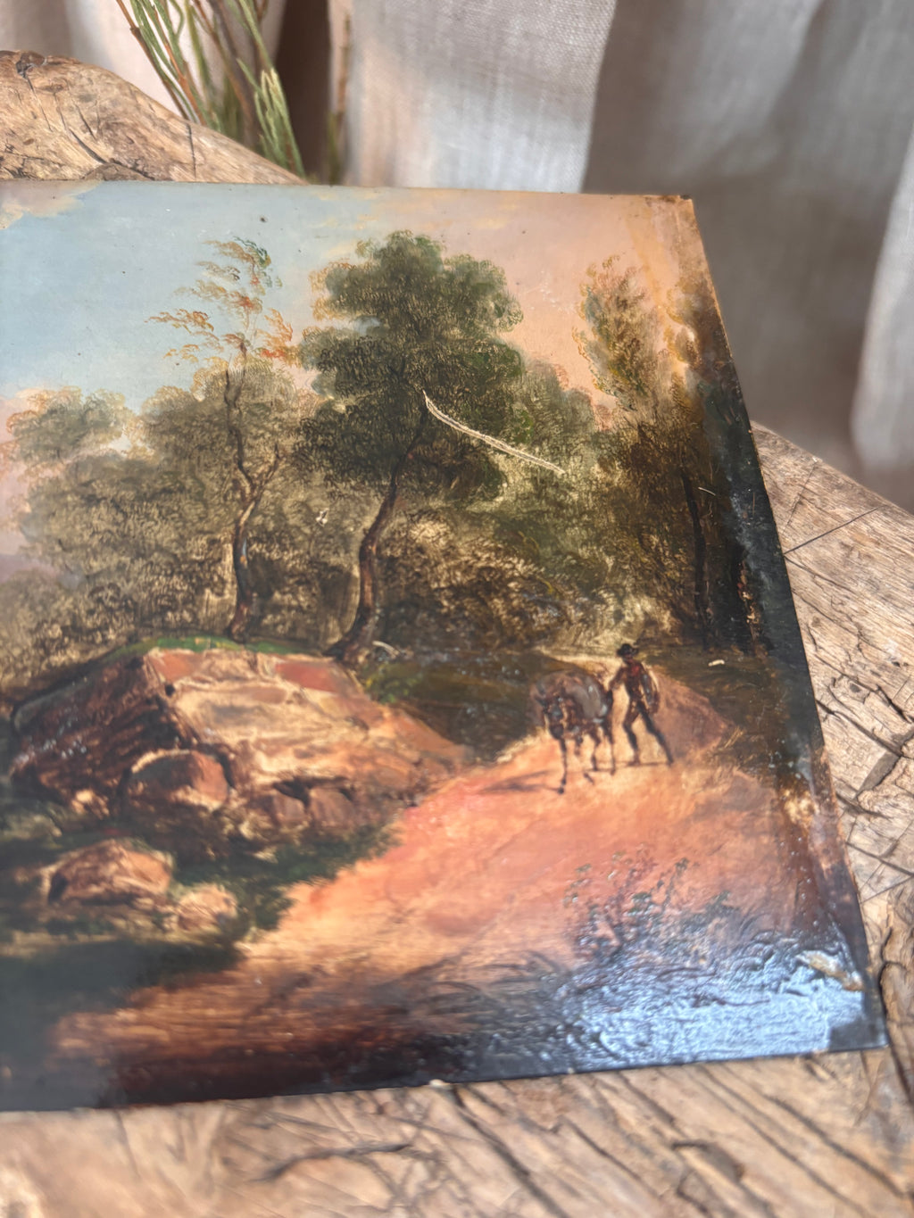 Antique Continental Landscape Oil Painting on Tin