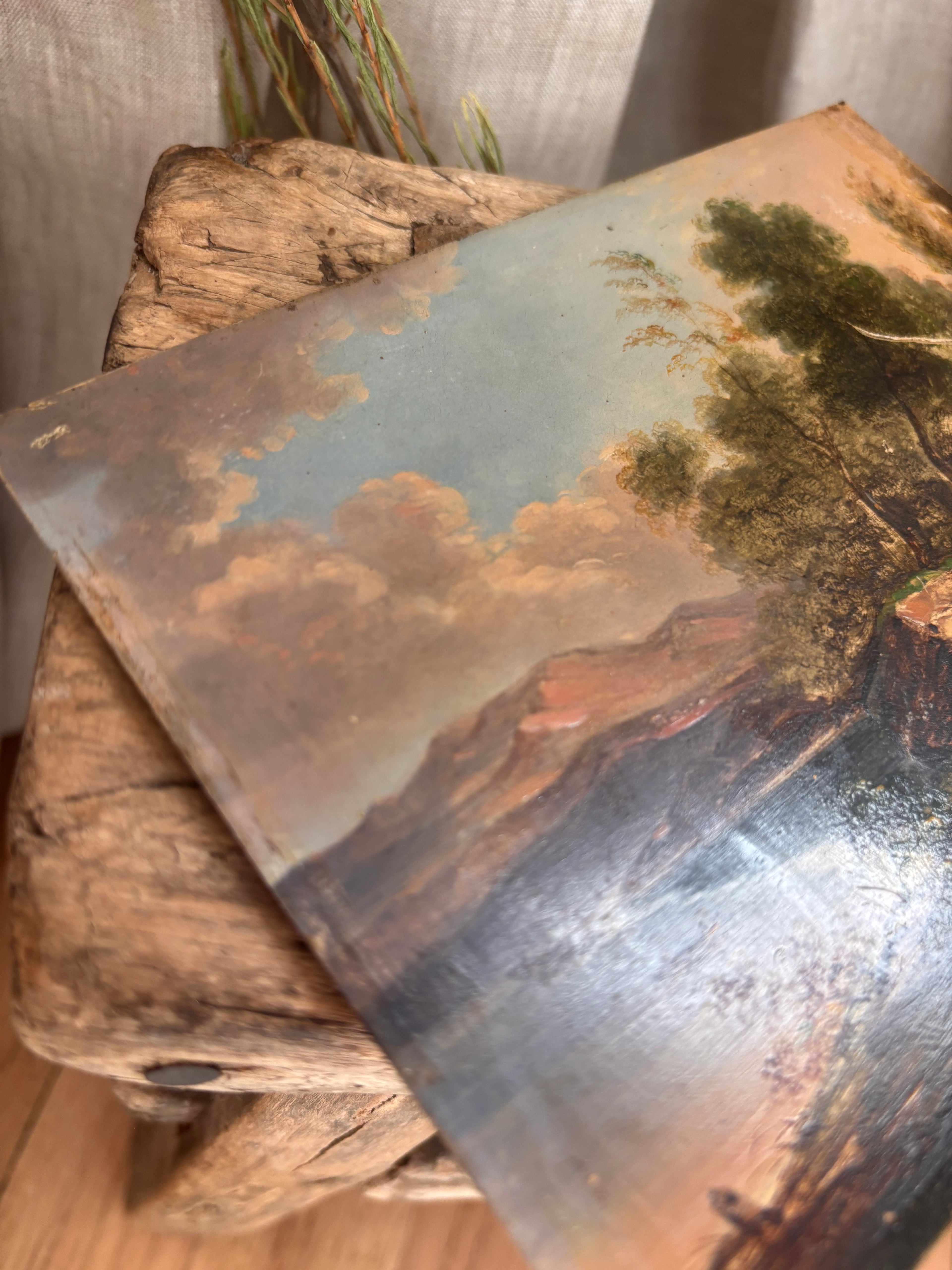 Antique Continental Landscape Oil Painting on Tin