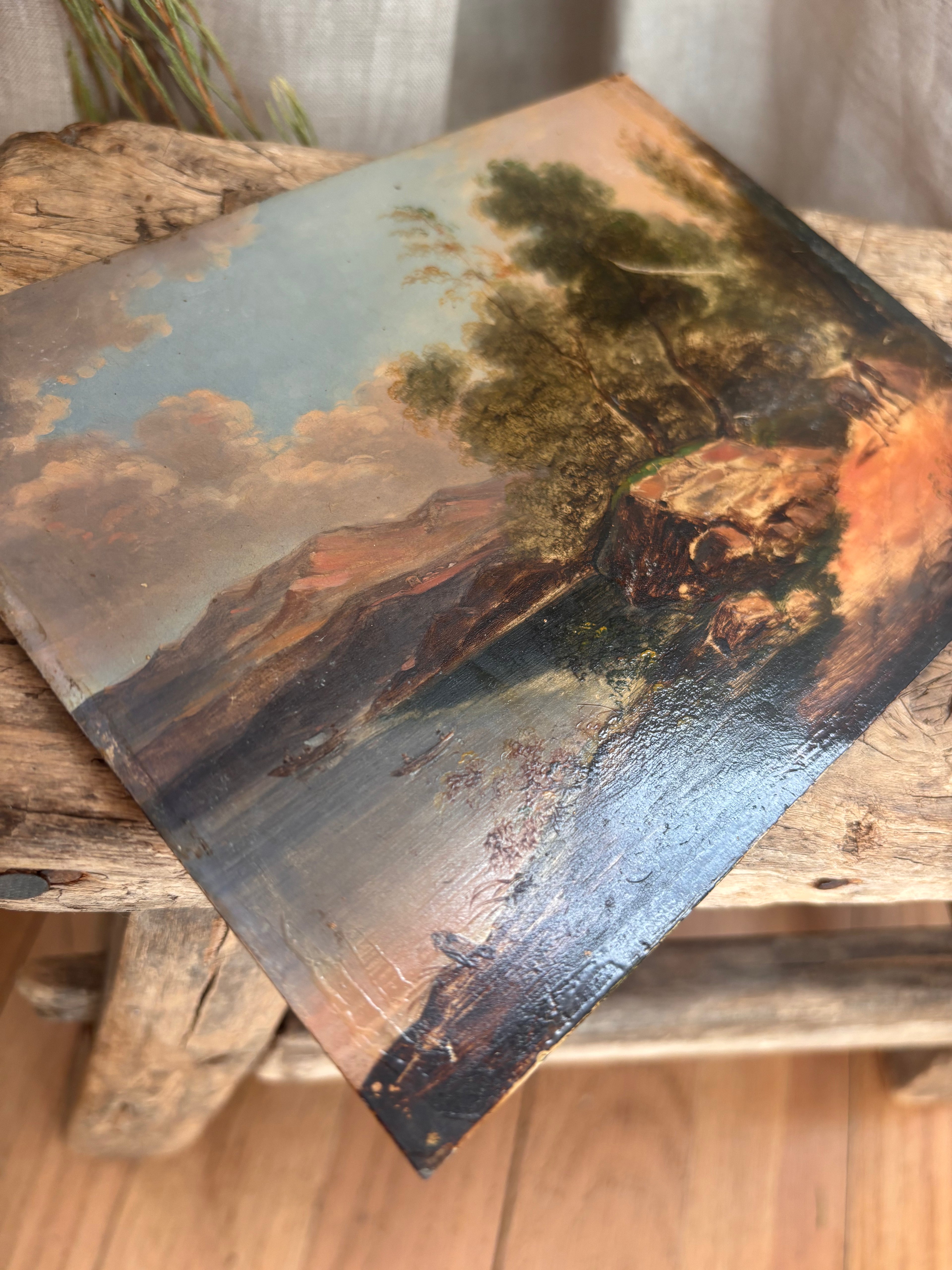 Antique Continental Landscape Oil Painting on Tin