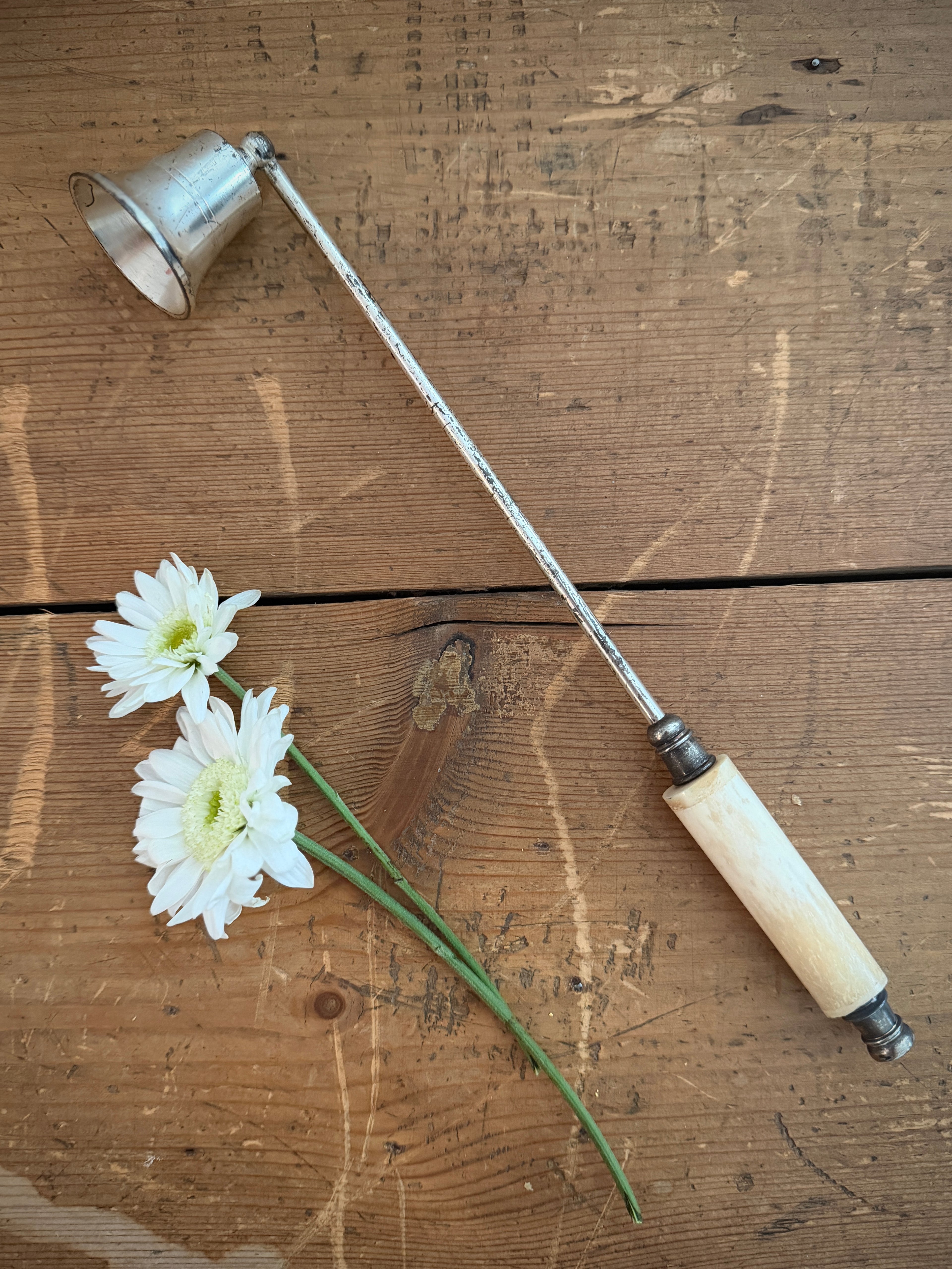 Vintage Silver-Plated Candle Snuffer with Faux Bone Handle