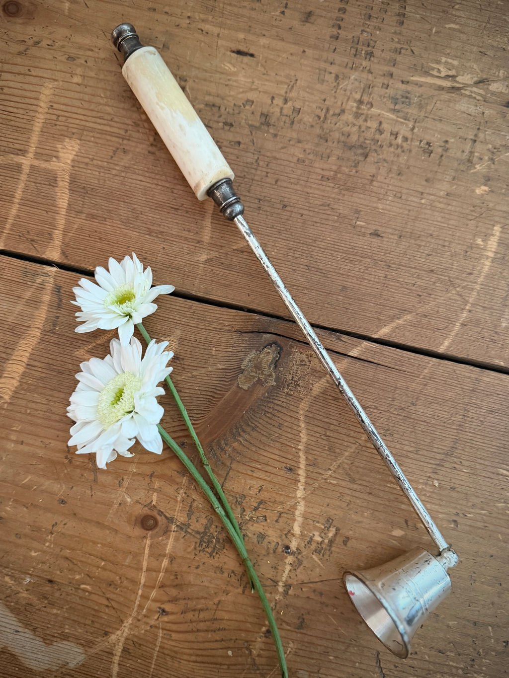 Vintage Silver-Plated Candle Snuffer with Faux Bone Handle
