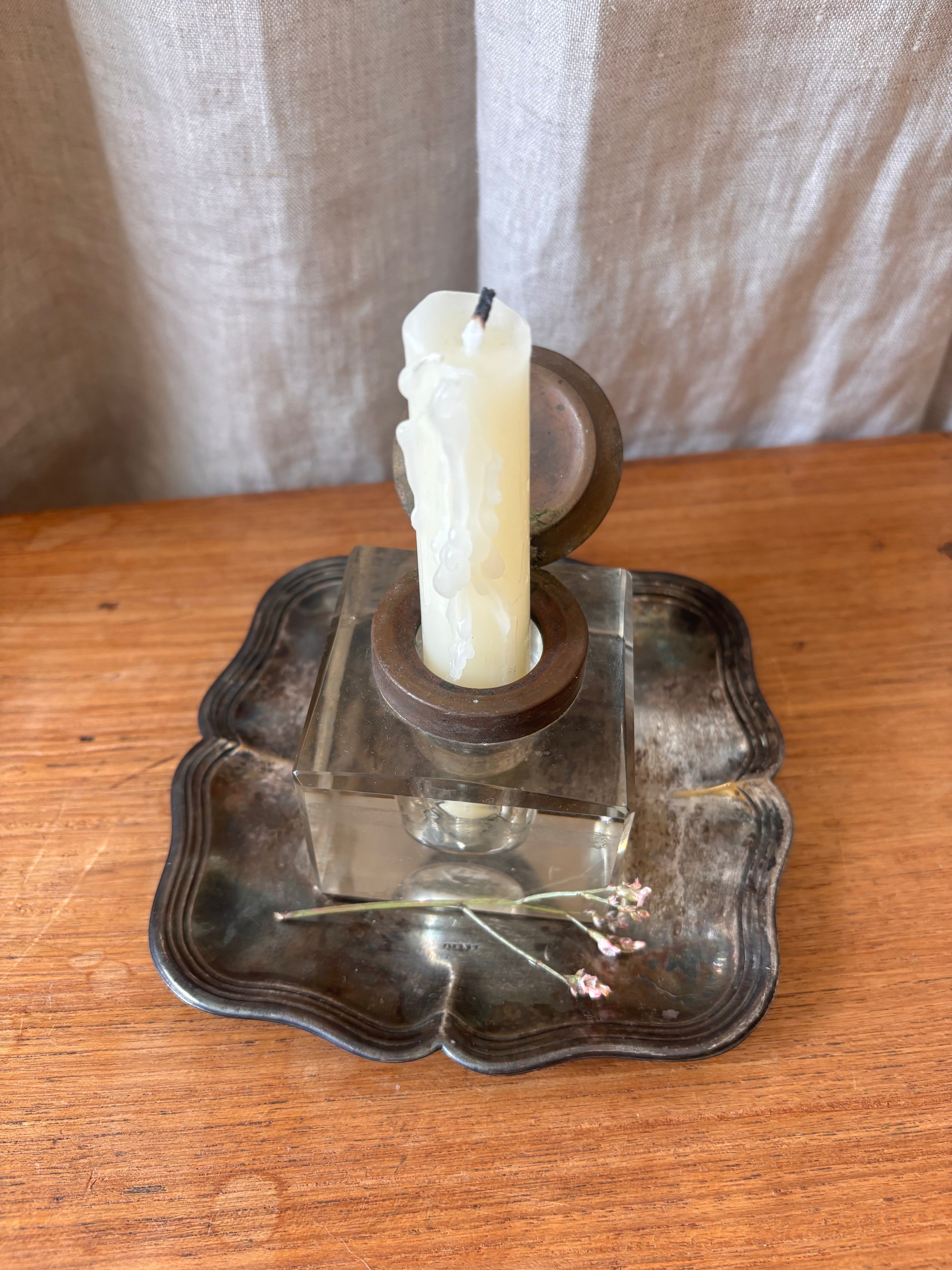 Antique Art Nouveau Brass & Glass Inkwell with Tray