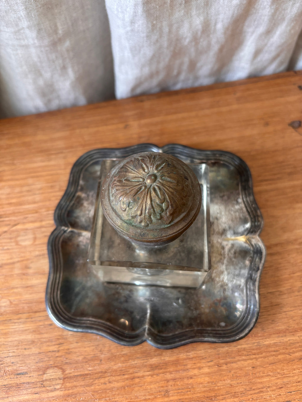 Antique Art Nouveau Brass & Glass Inkwell with Tray