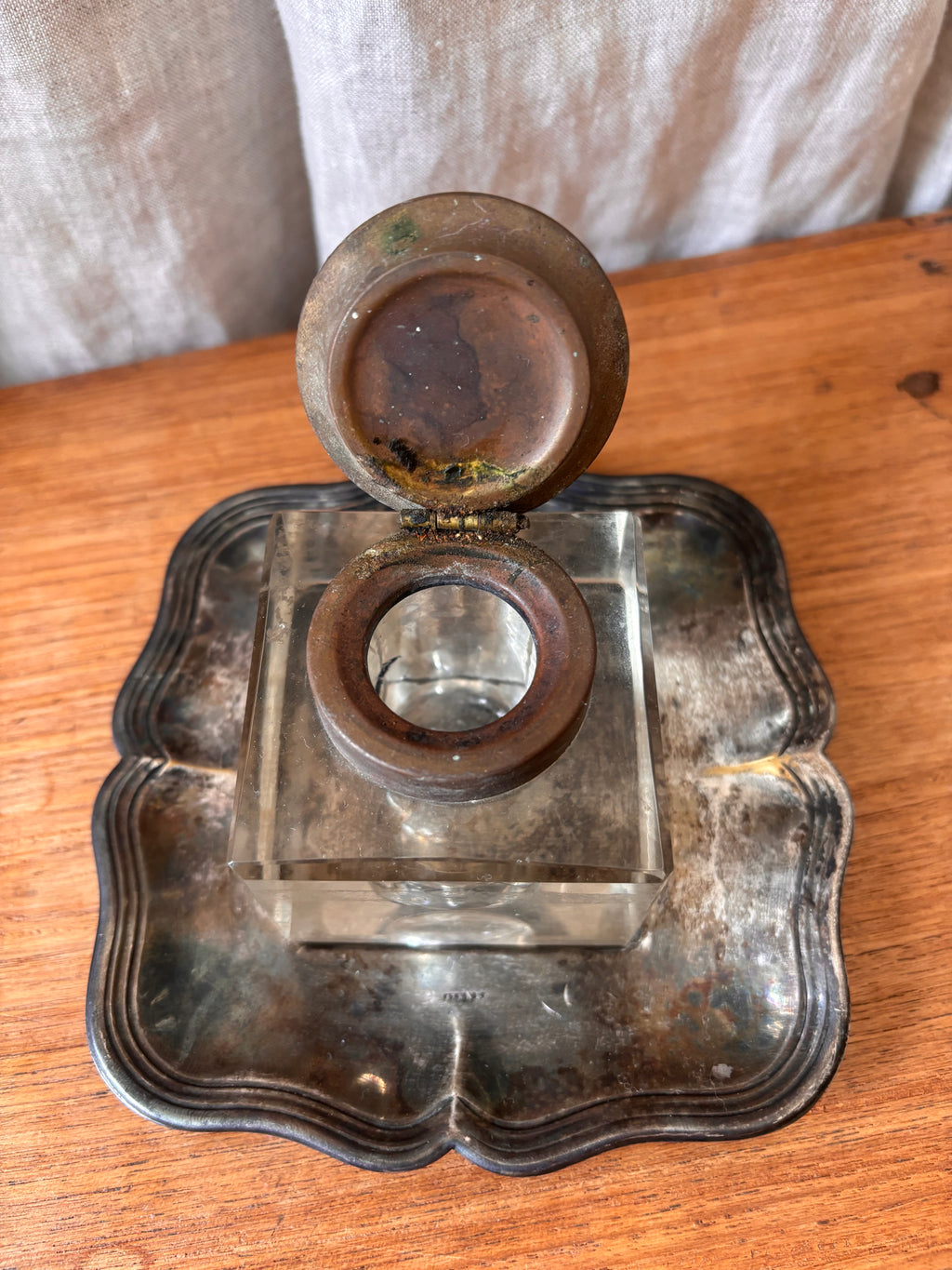 Antique Art Nouveau Brass & Glass Inkwell with Tray