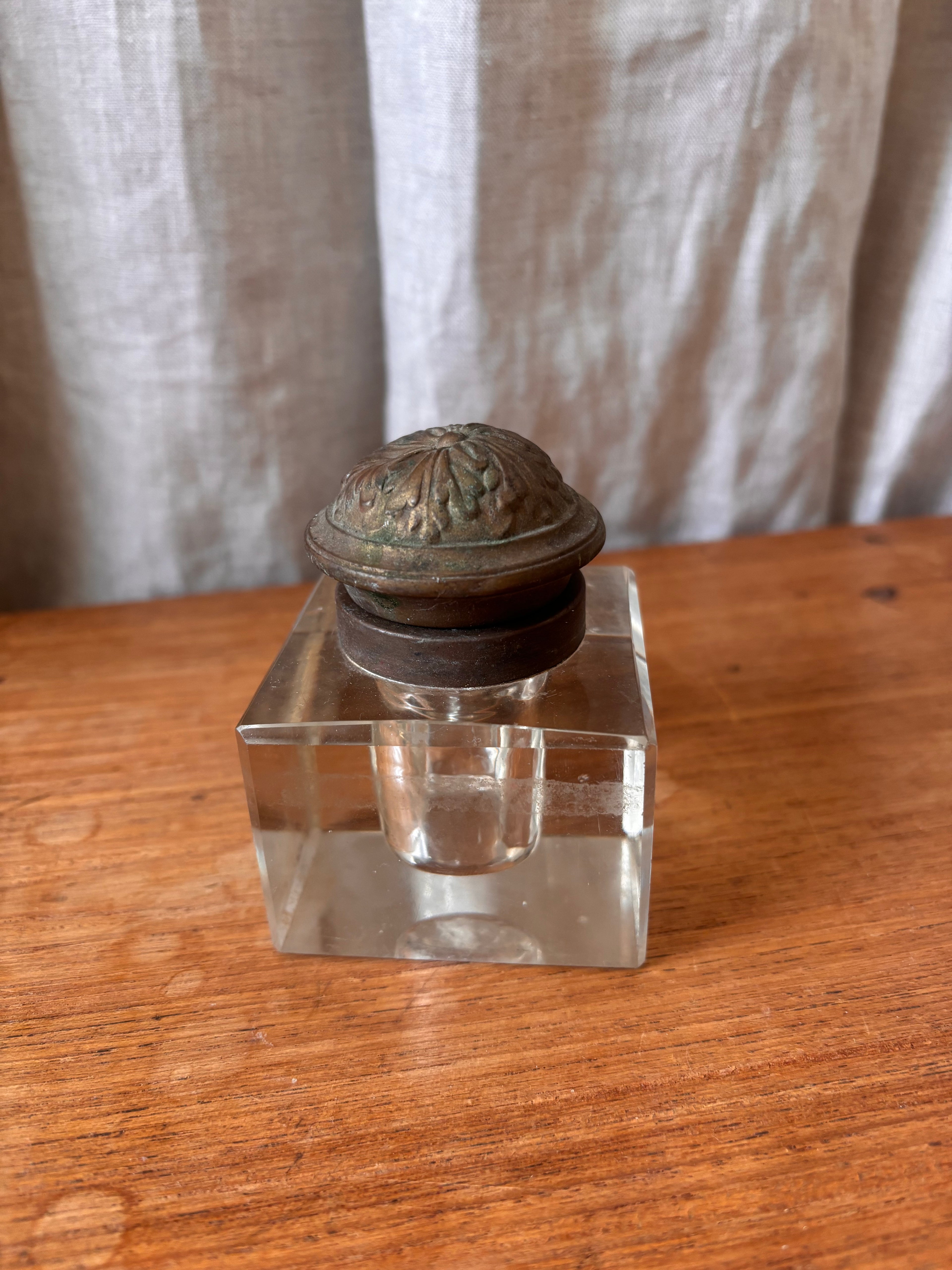 Antique Art Nouveau Brass & Glass Inkwell with Tray