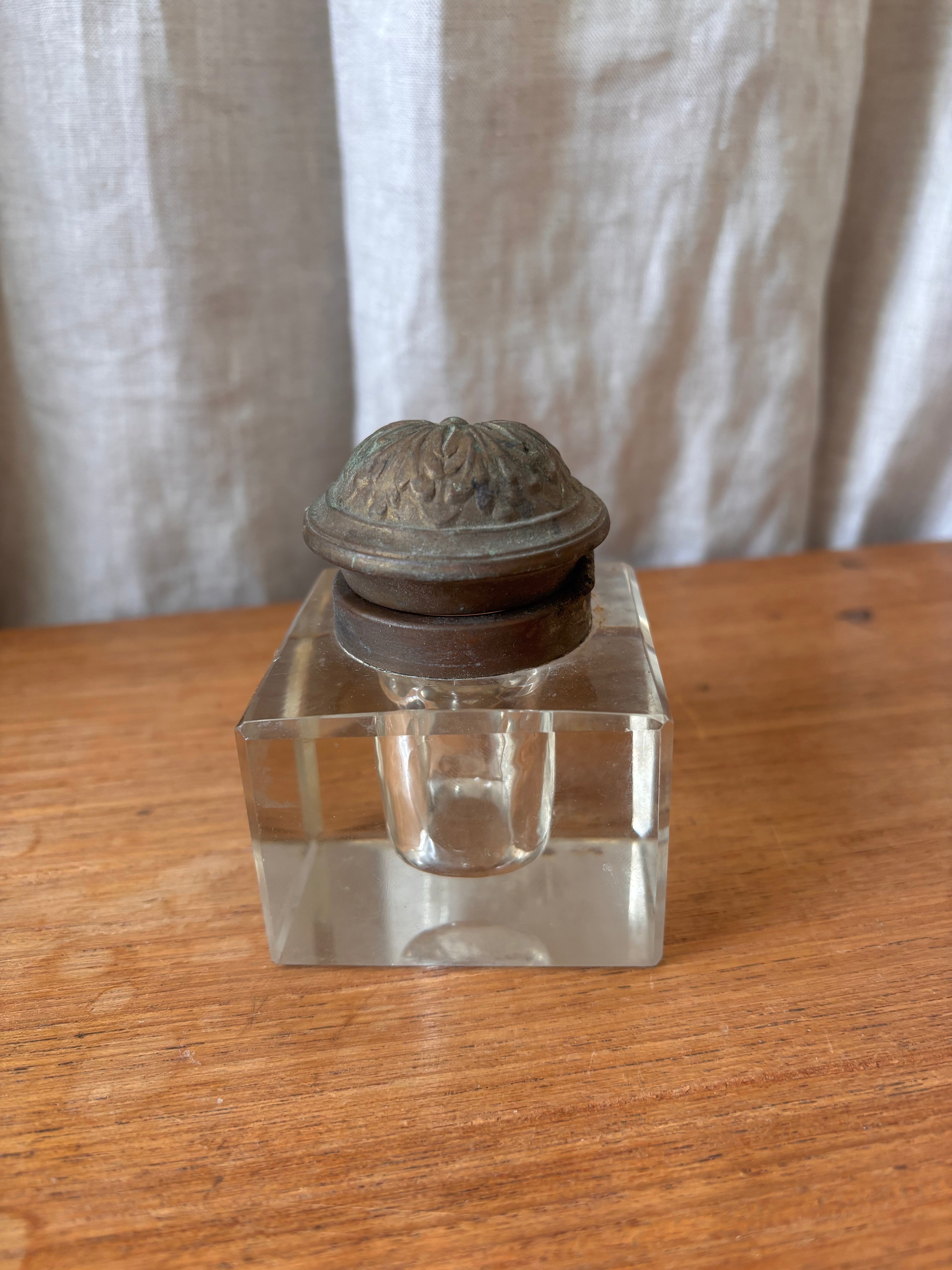Antique Art Nouveau Brass & Glass Inkwell with Tray