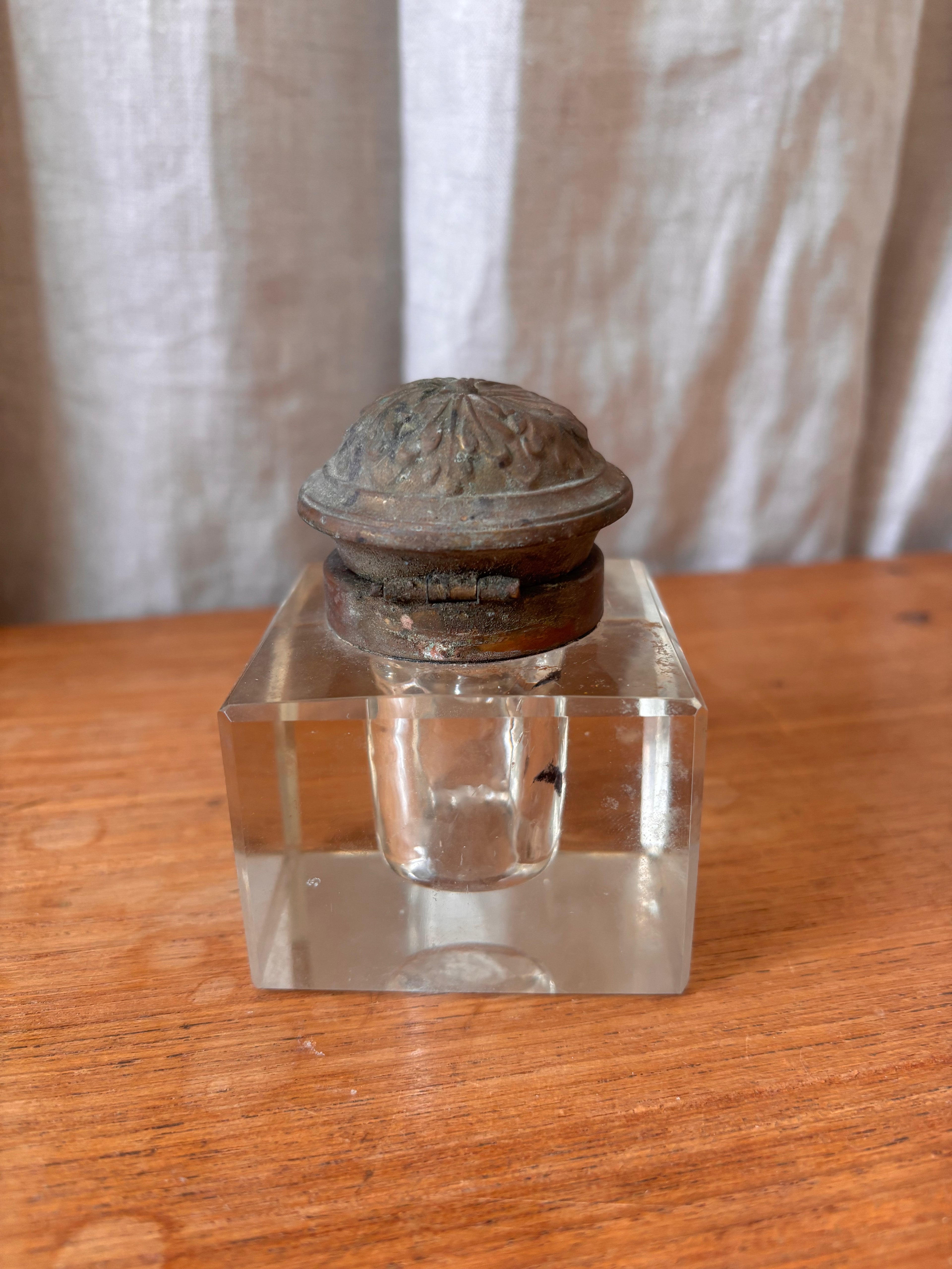 Antique Art Nouveau Brass & Glass Inkwell with Tray