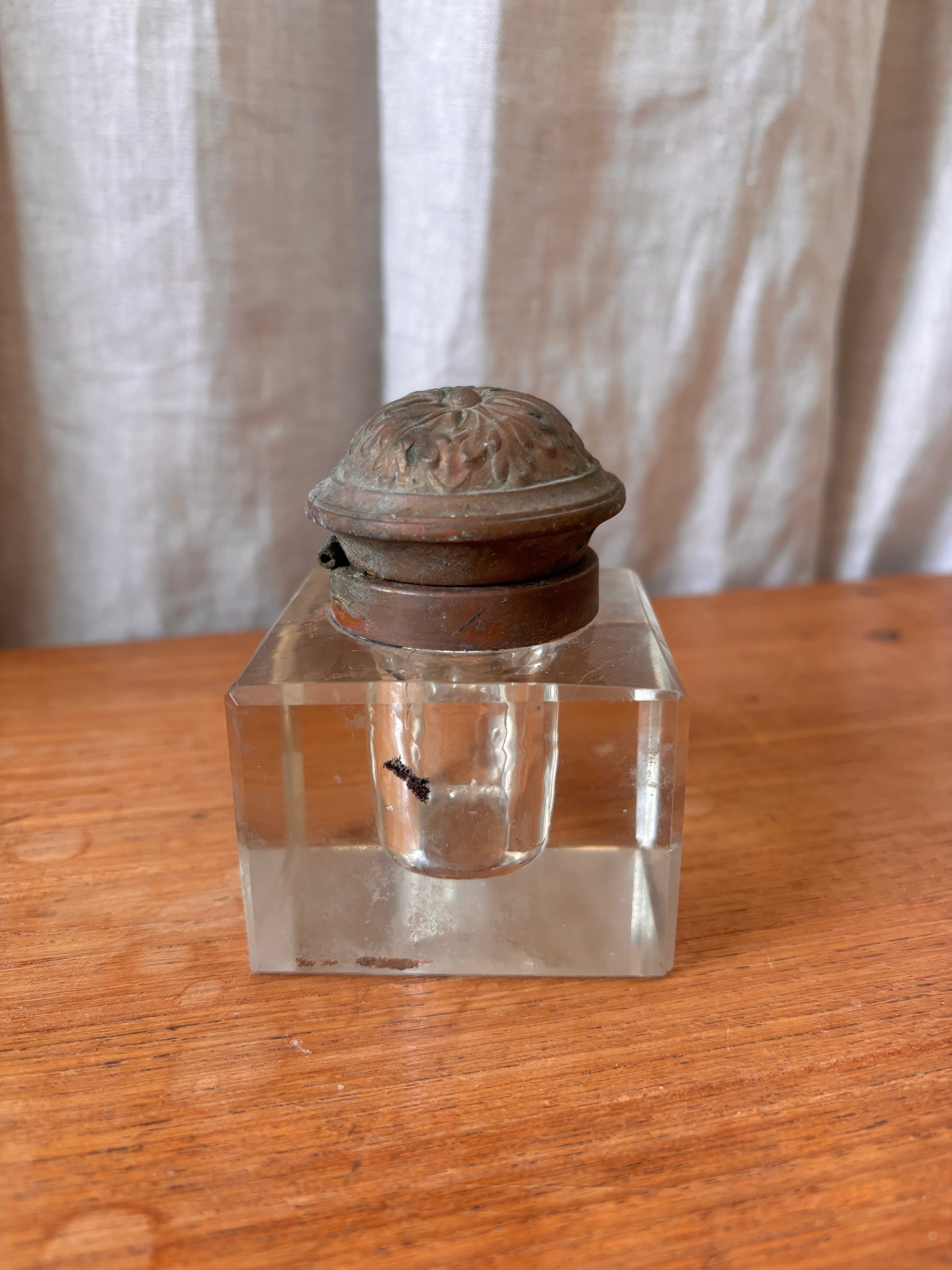 Antique Art Nouveau Brass & Glass Inkwell with Tray