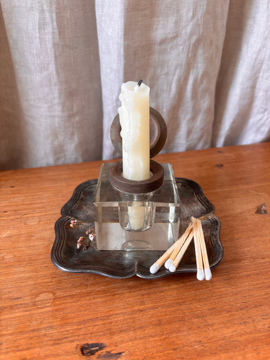 Antique Art Nouveau Brass & Glass Inkwell with Tray