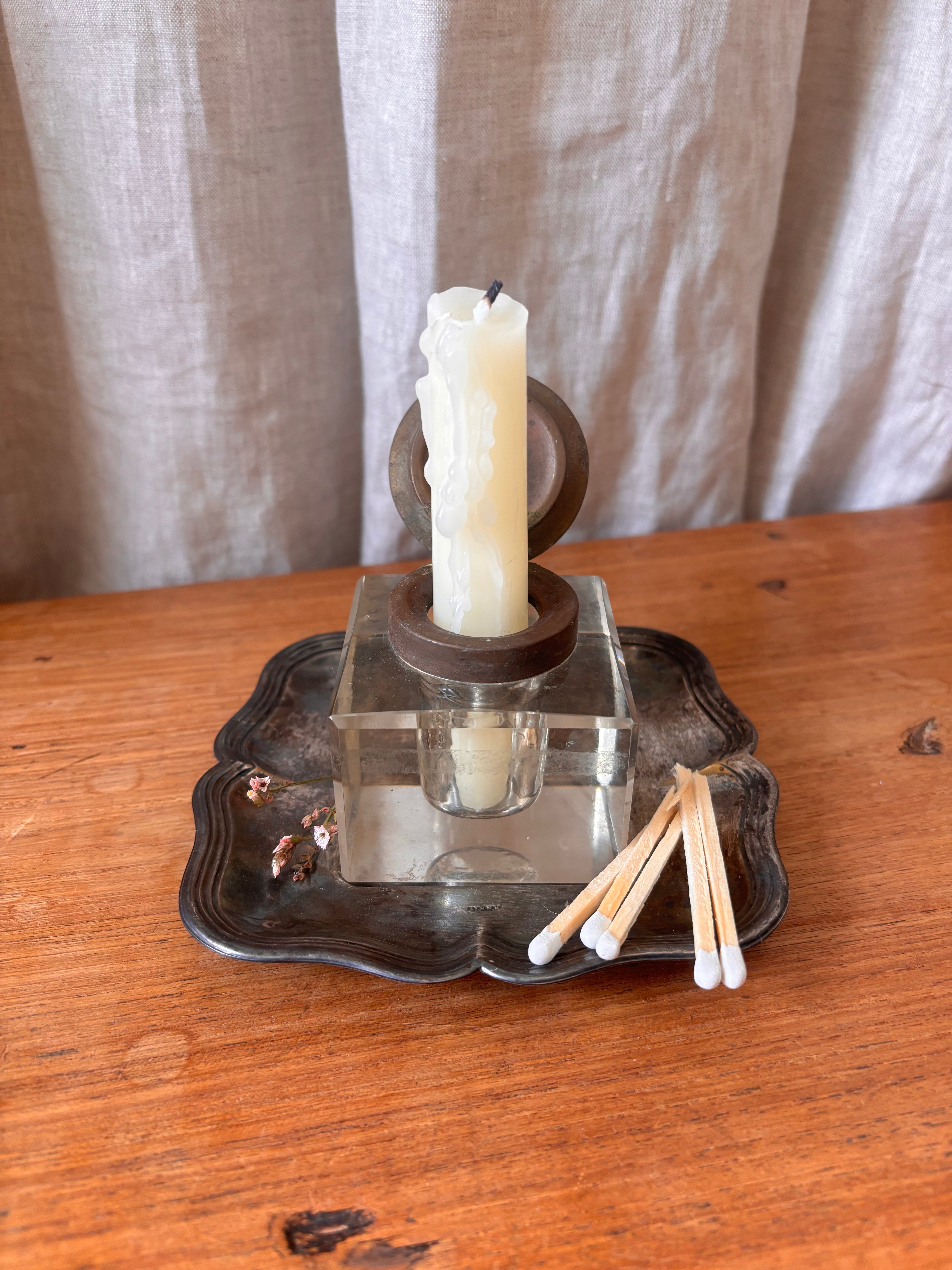 Antique Art Nouveau Brass & Glass Inkwell with Tray