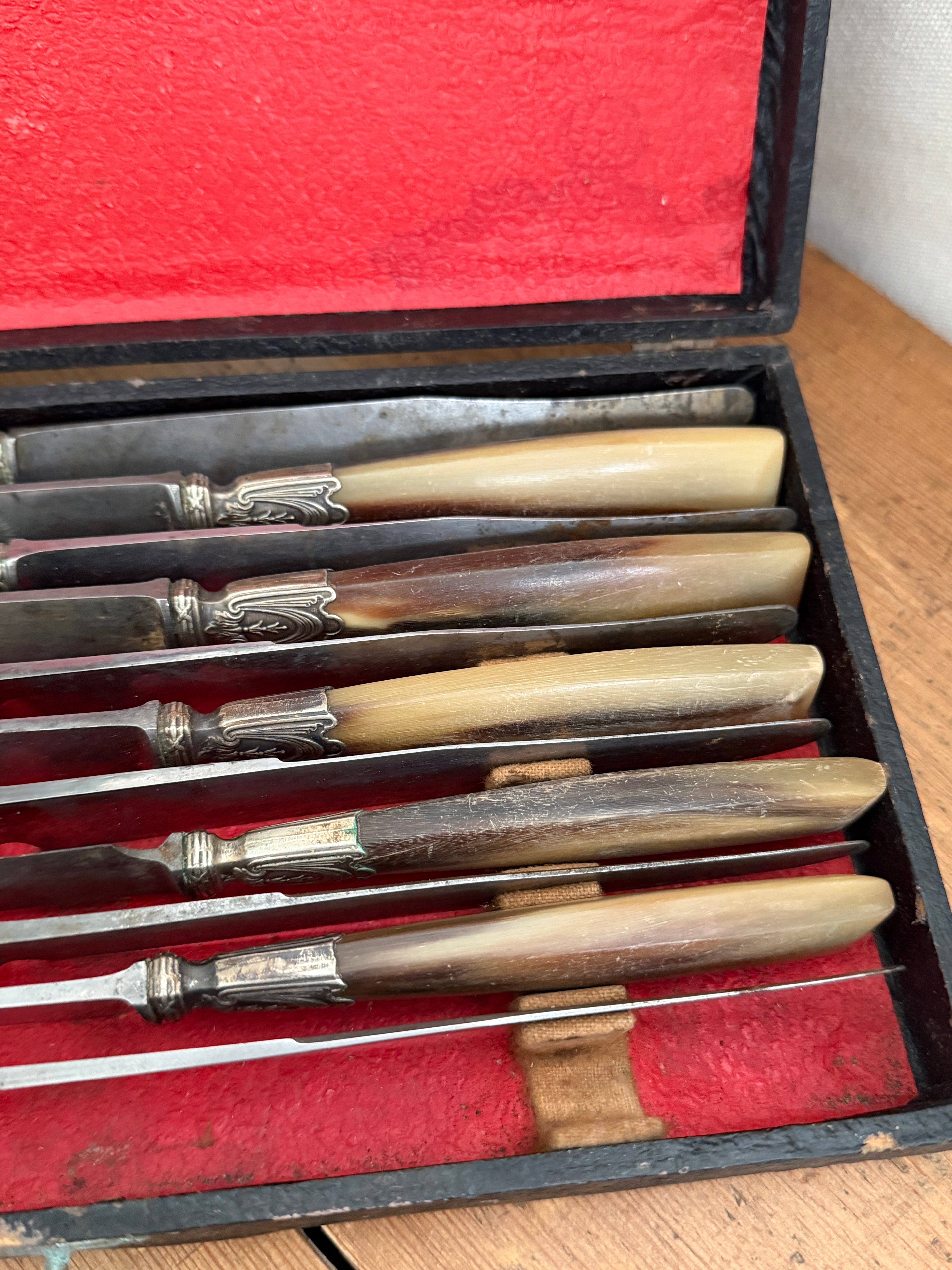 Antique French Horn-Handled Knife Set in Original Box