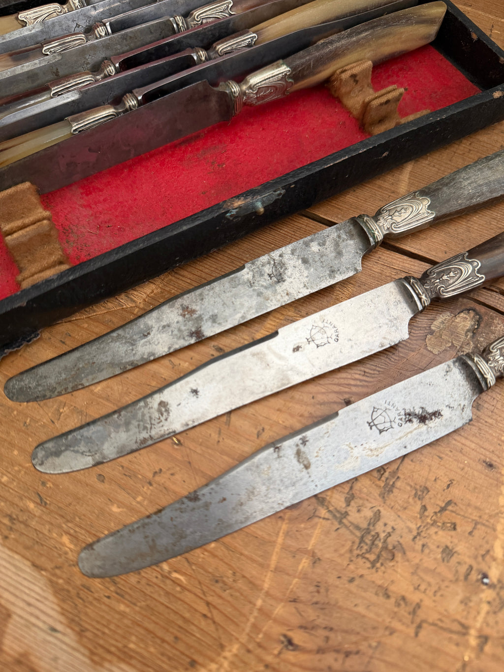 Antique French Horn-Handled Knife Set in Original Box