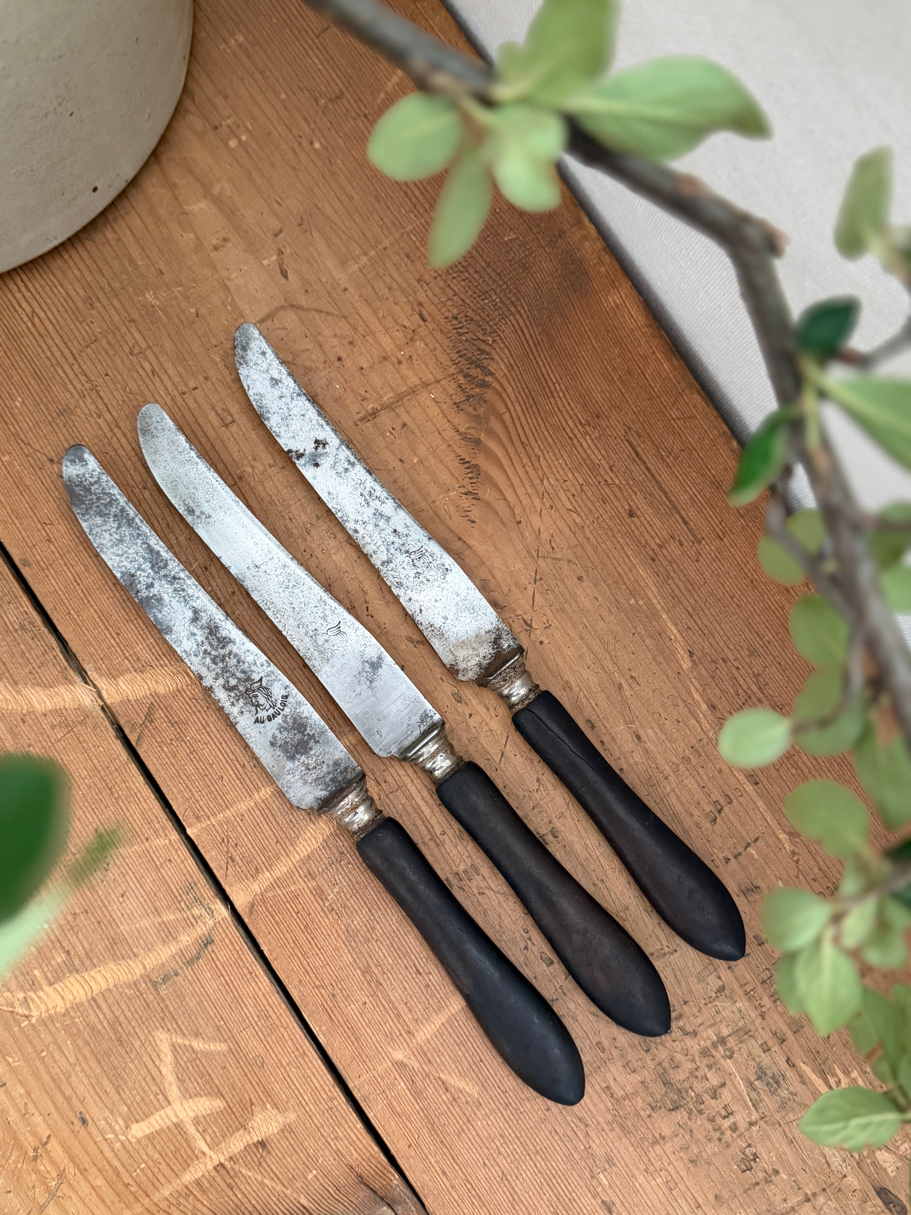 Antique French Ebonized Wood Table Knife Trio