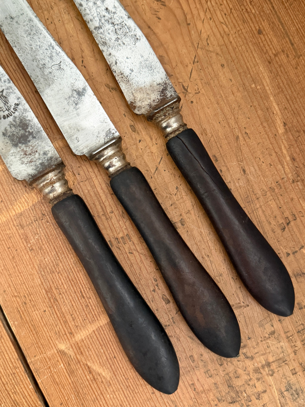 Antique French Ebonized Wood Table Knife Trio