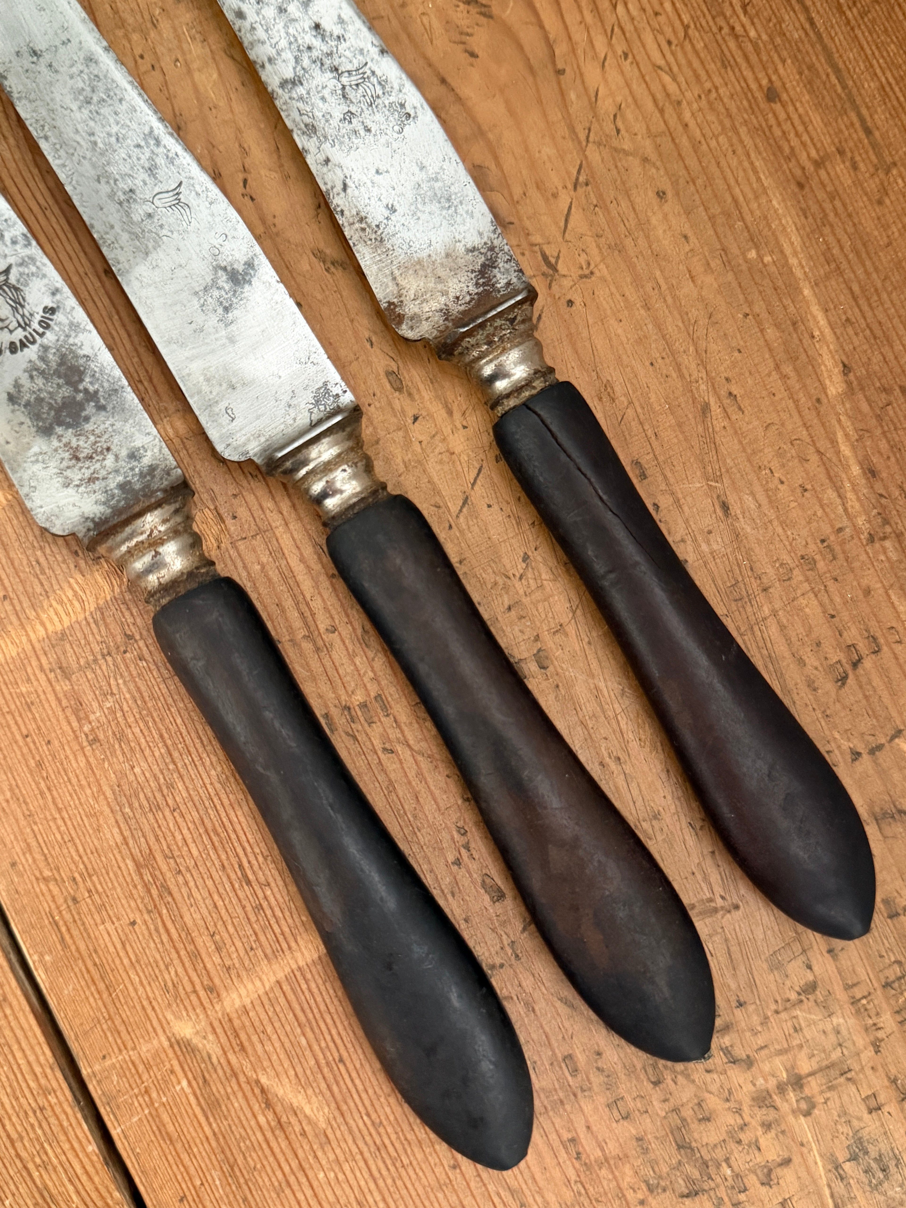 Antique French Ebonized Wood Table Knife Trio