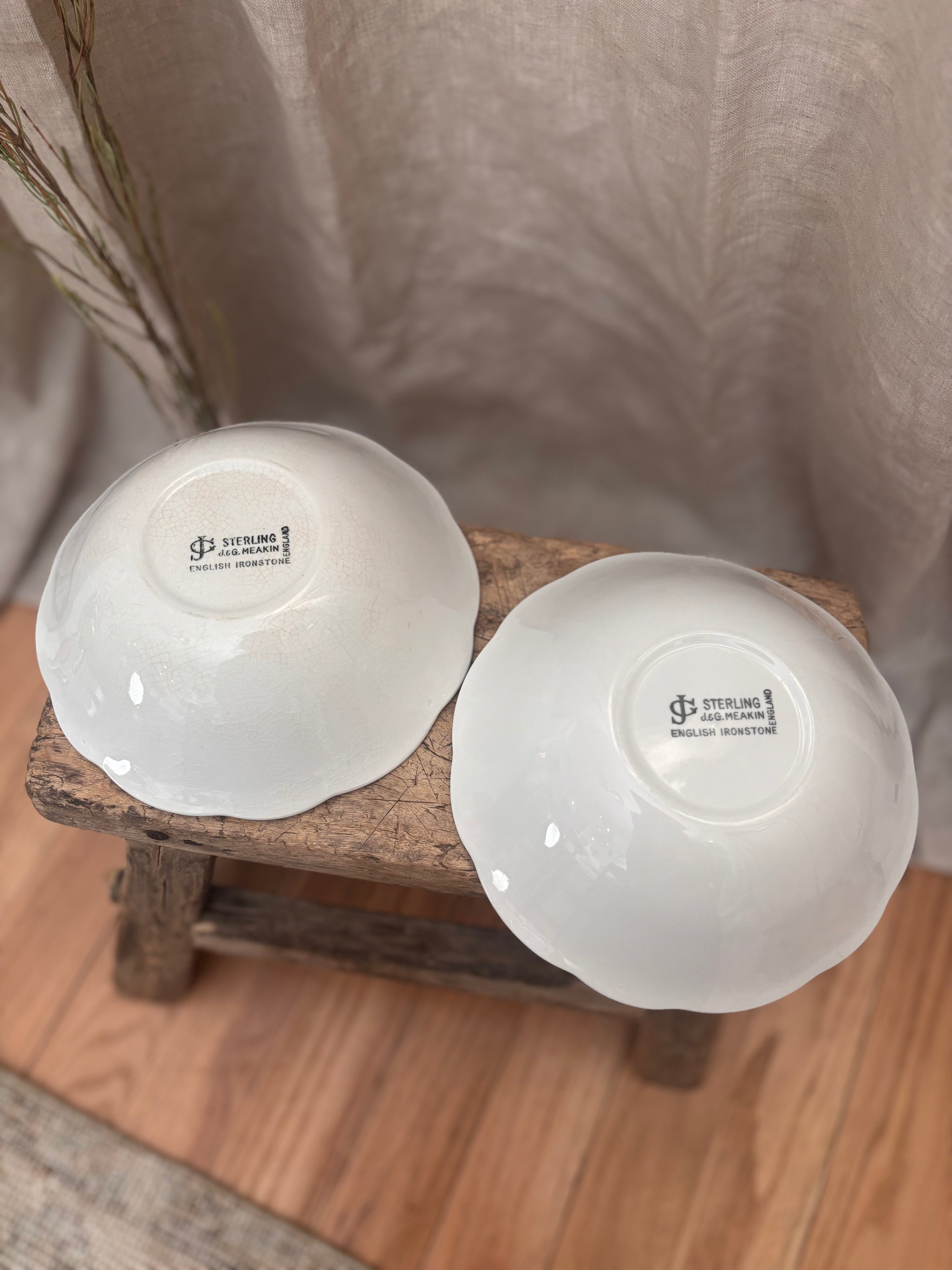 Vintage English J&G Meakin Sterling White Ironstone Bowl — Crazed & Stained