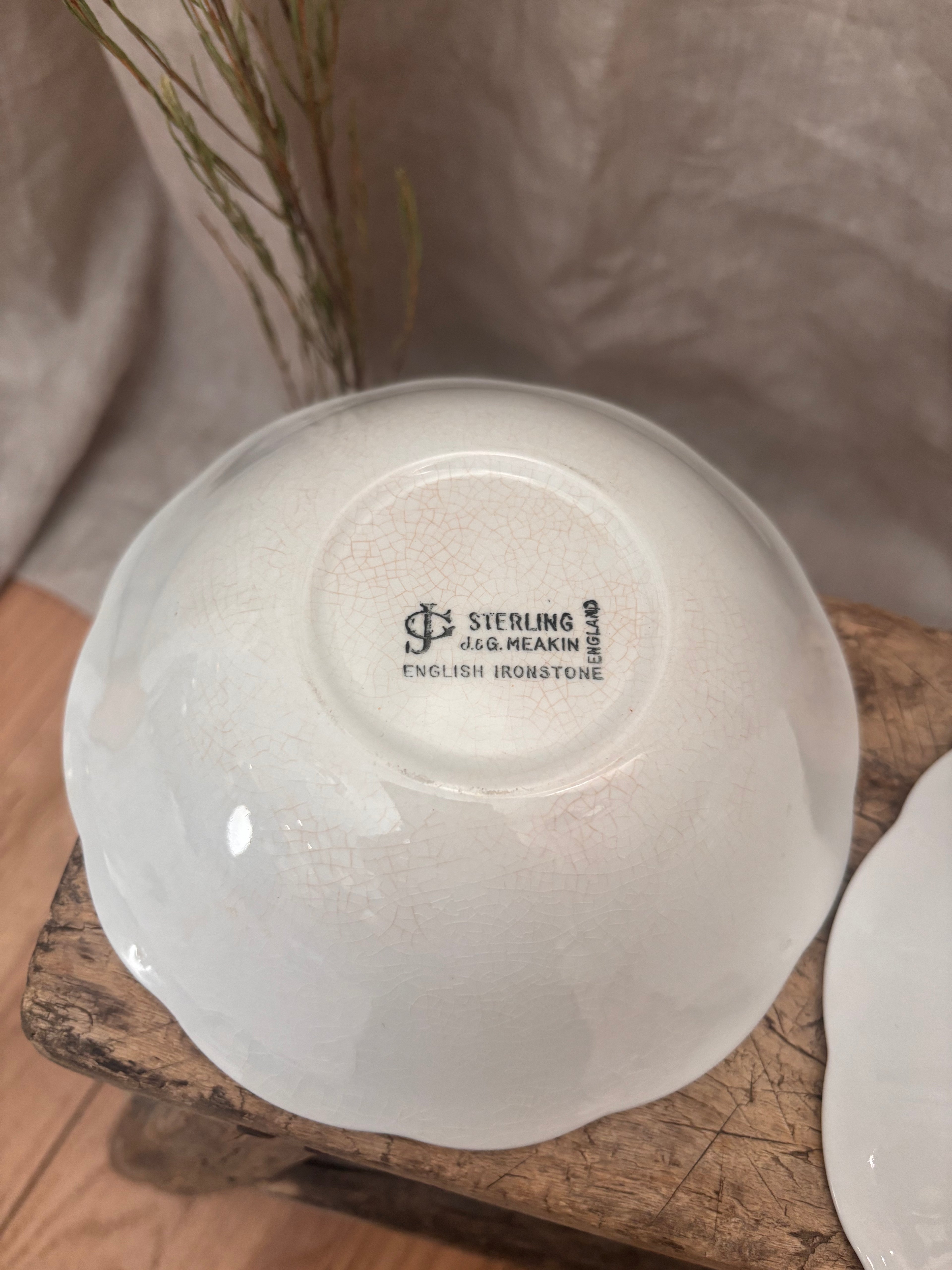 Vintage English J&G Meakin Sterling White Ironstone Bowl — Crazed & Stained