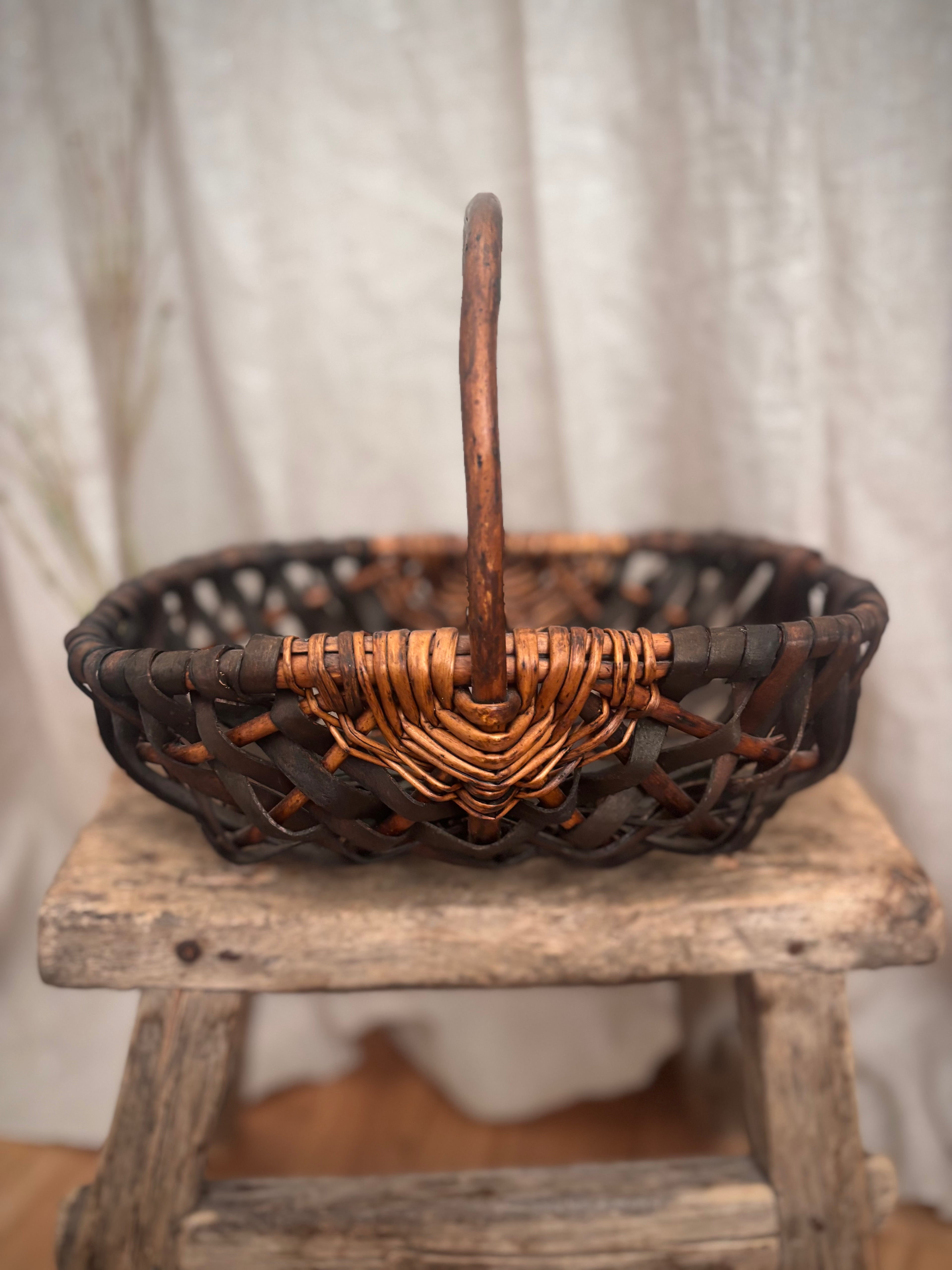 Vintage French-Style Woven Basket With Bentwood Handle