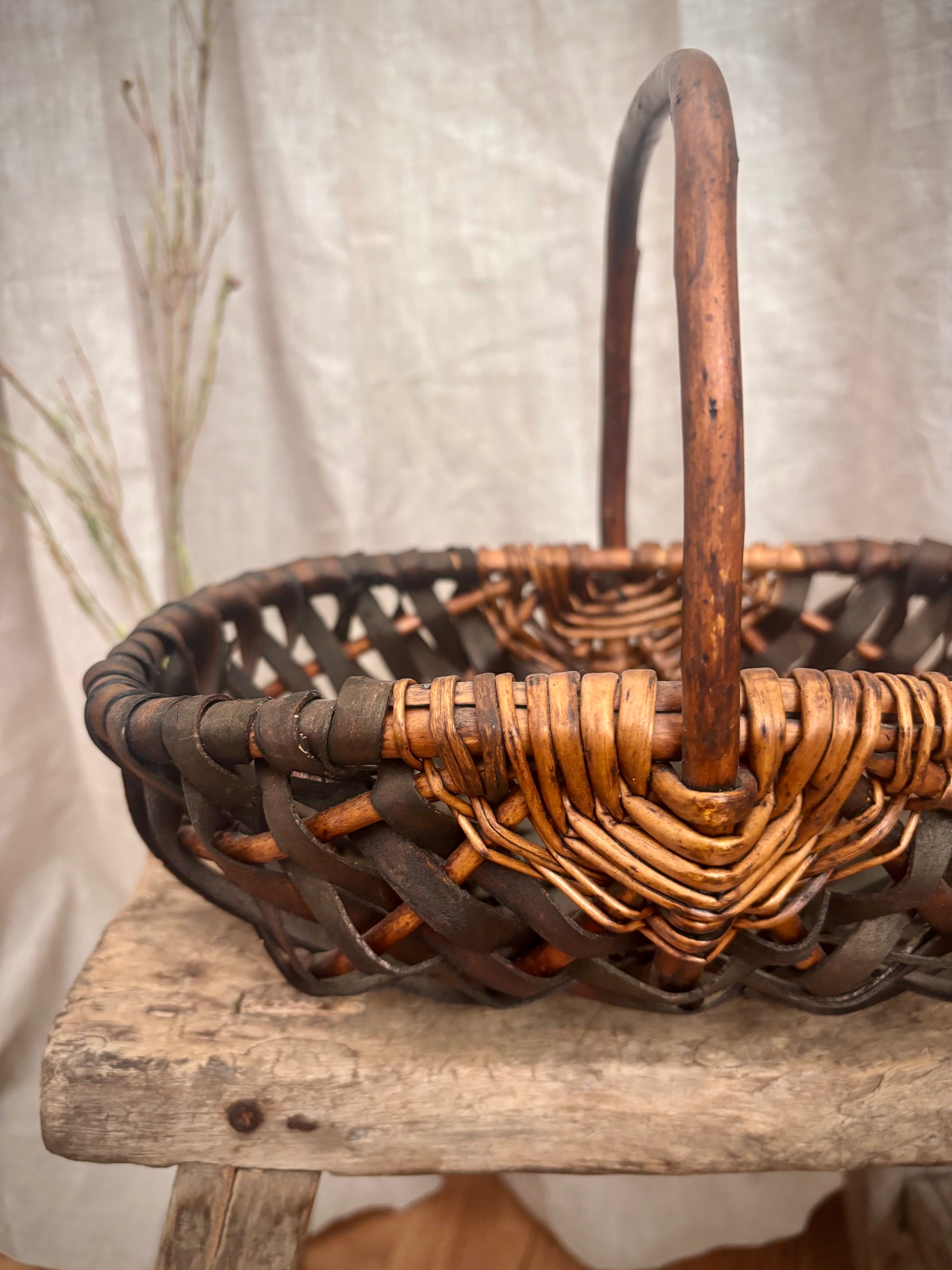 Vintage French-Style Woven Basket With Bentwood Handle