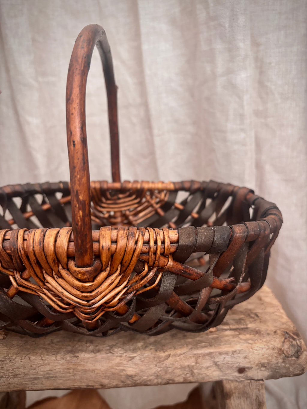 Vintage French-Style Woven Basket With Bentwood Handle