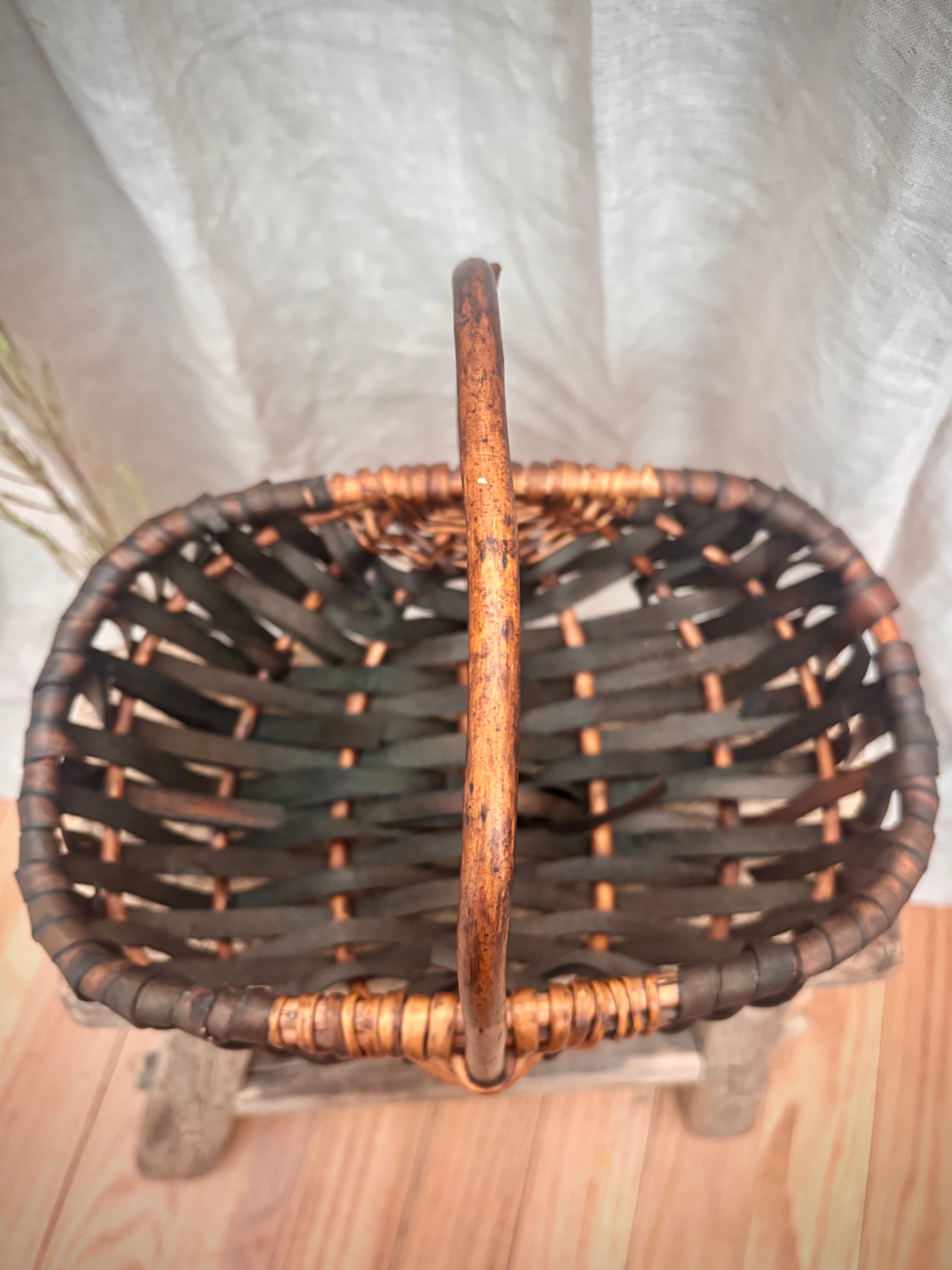 Vintage French-Style Woven Basket With Bentwood Handle