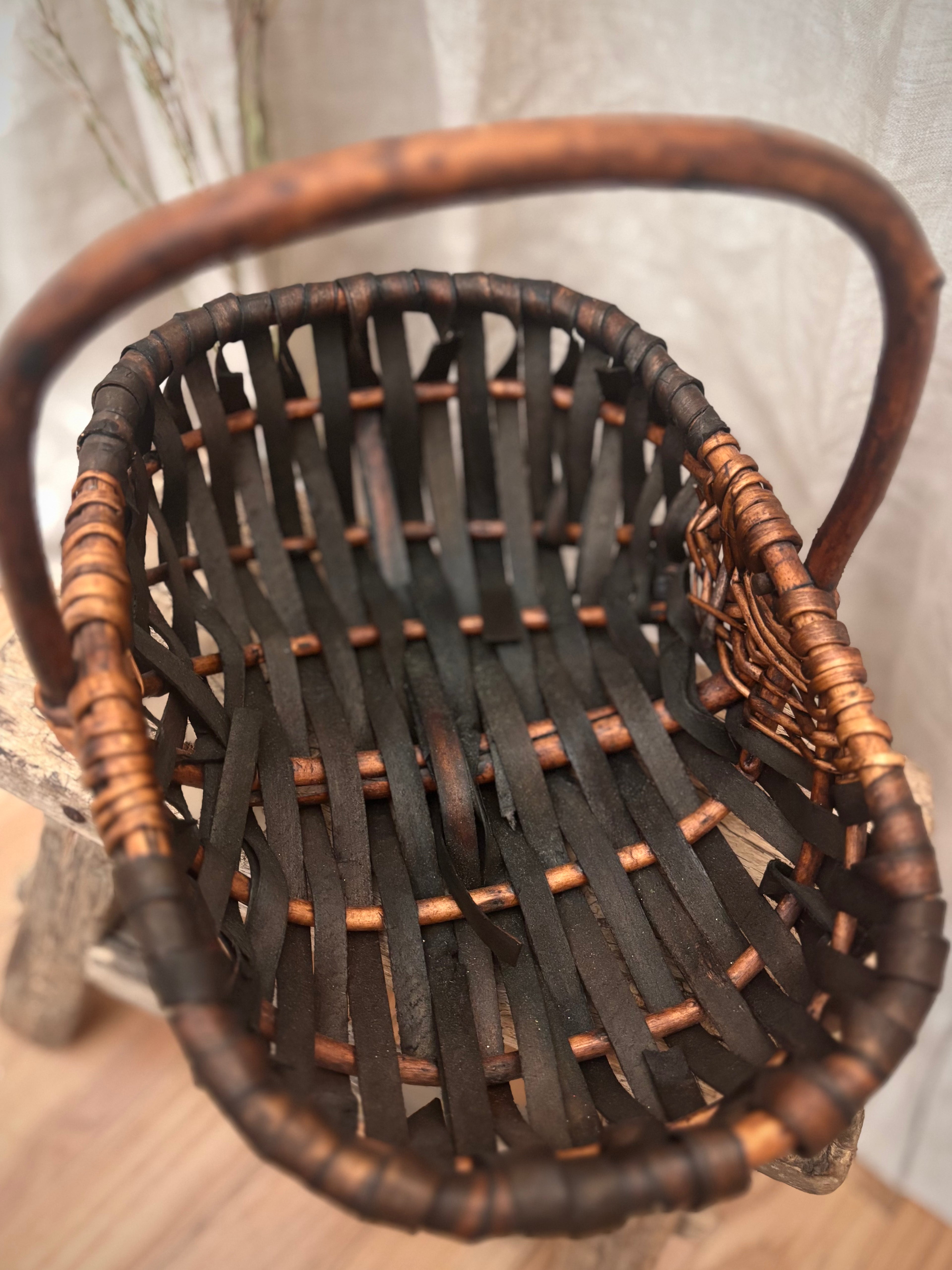 Vintage French-Style Woven Basket With Bentwood Handle