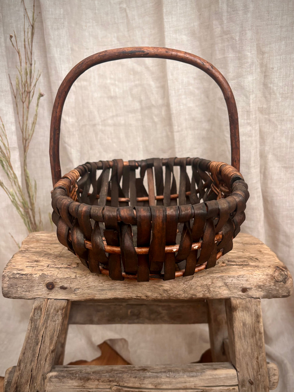Vintage French-Style Woven Basket With Bentwood Handle