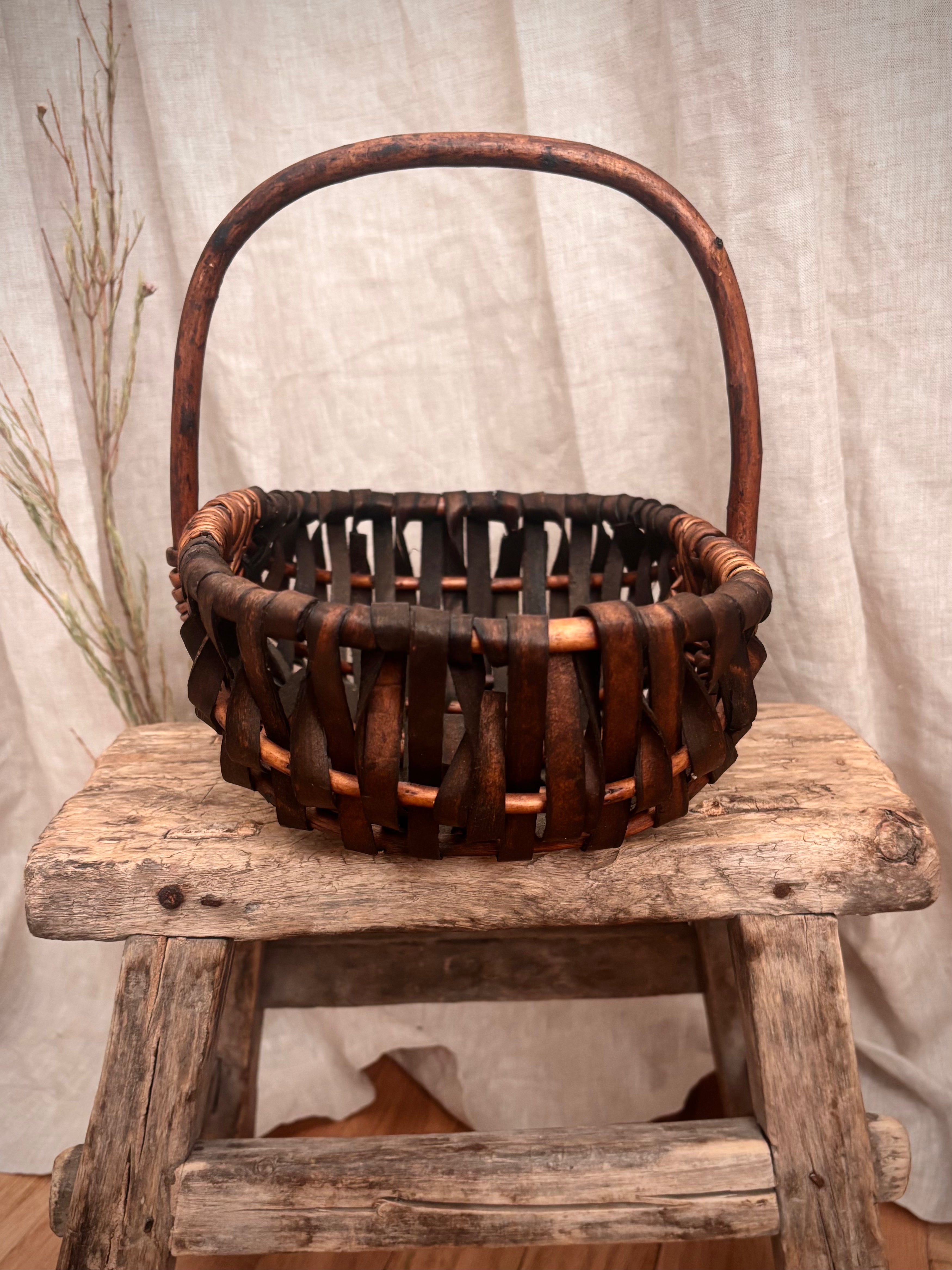 Vintage French-Style Woven Basket With Bentwood Handle