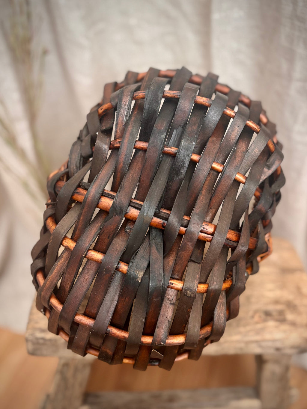Vintage French-Style Woven Basket With Bentwood Handle
