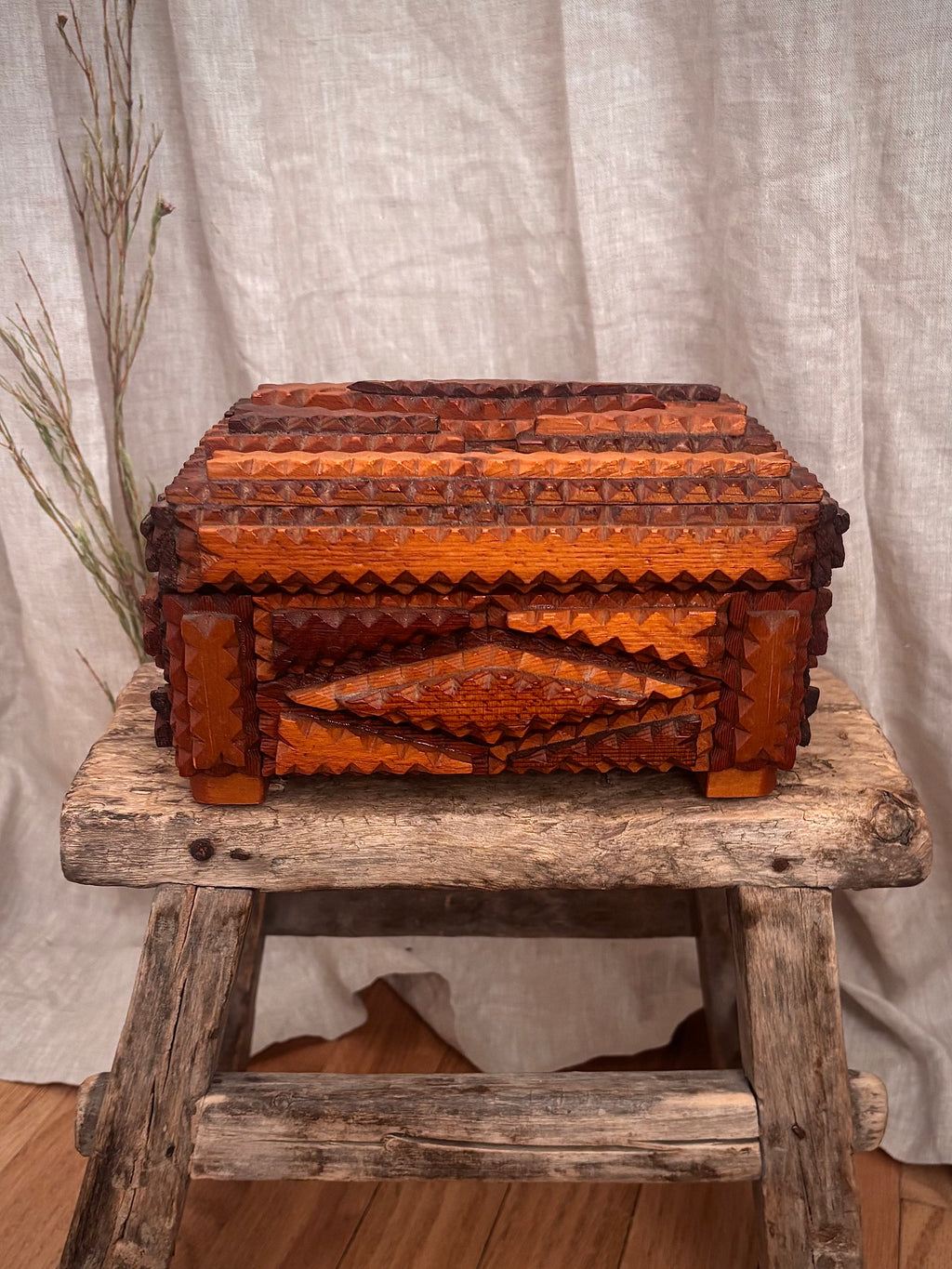 Antique Victorian Tramp Art Box with Floral Silk Lining